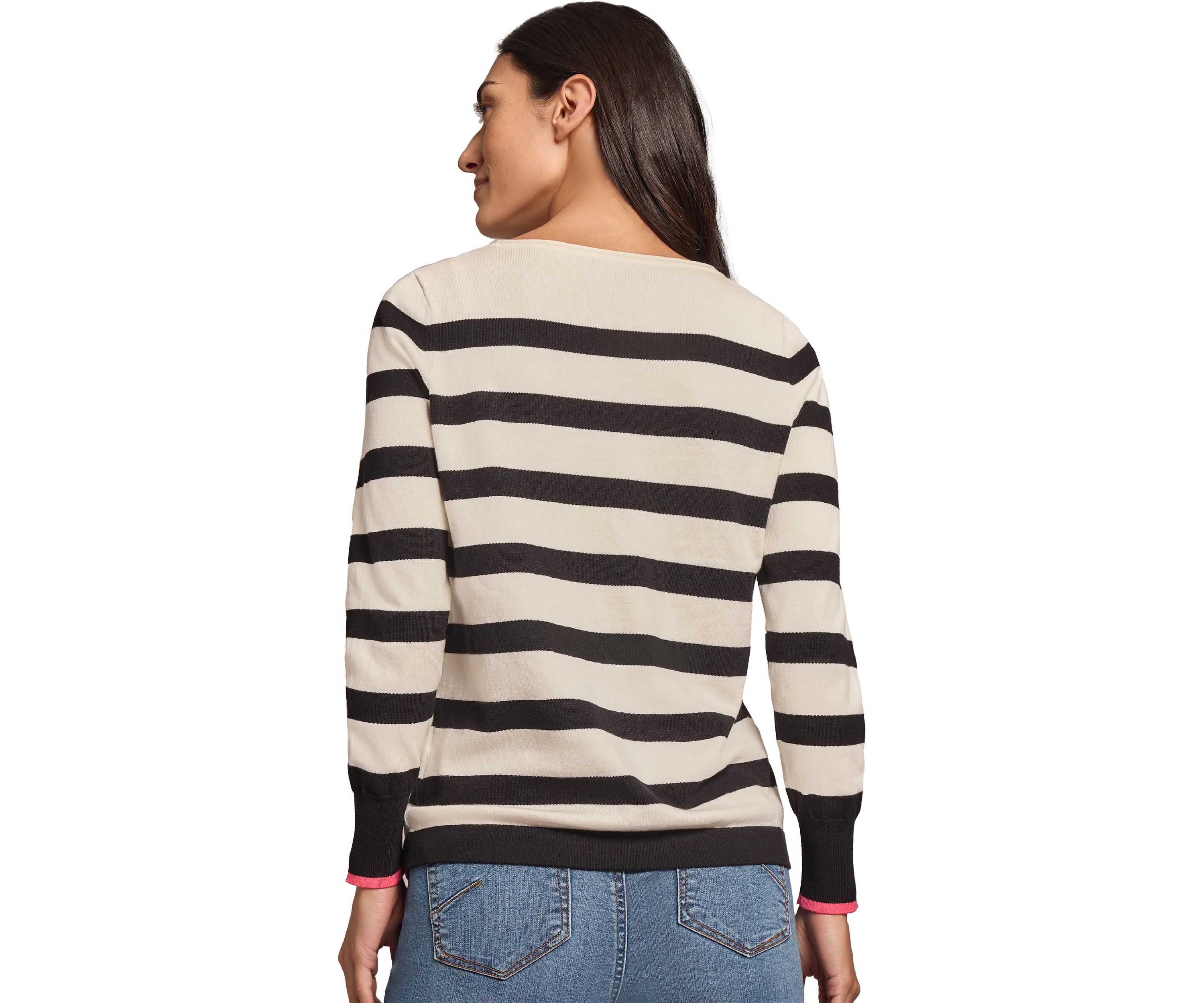 Womens Stripe Heart Boat Neck Sweater 