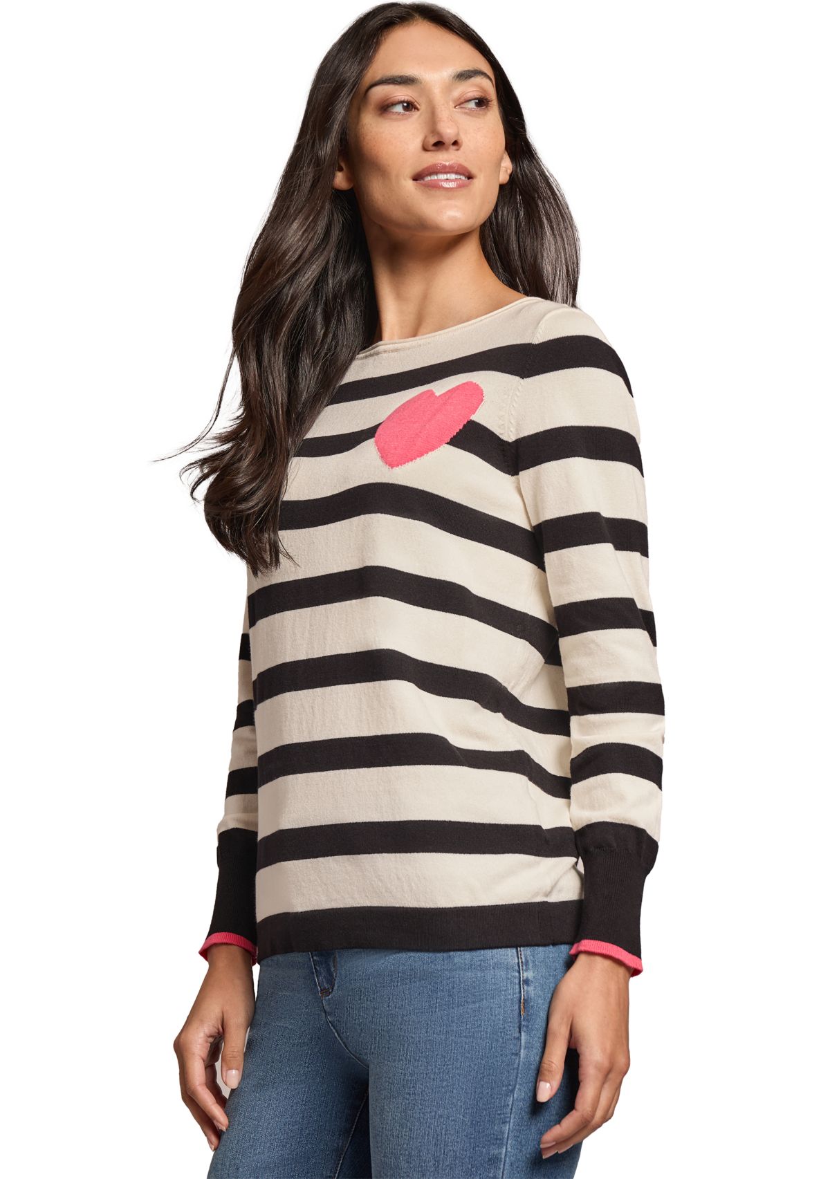 Womens Stripe Heart Boat Neck Sweater 