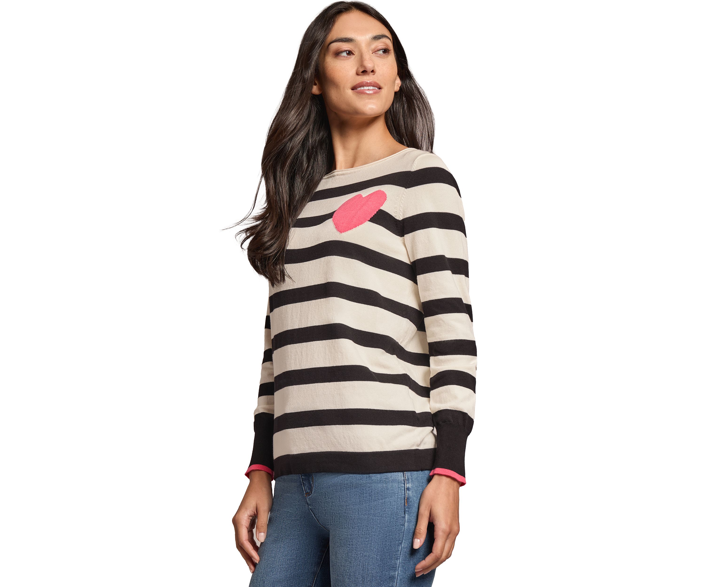 Womens Stripe Heart Boat Neck Sweater 