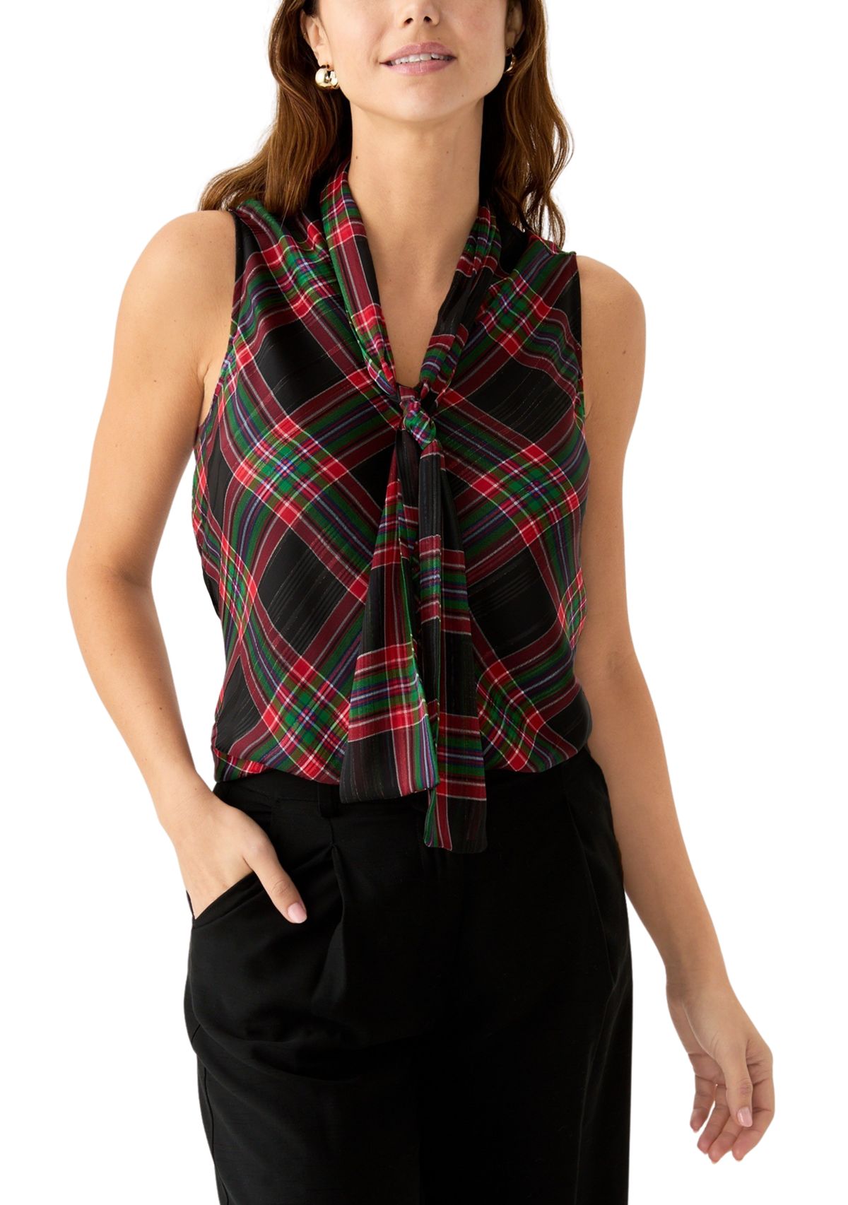 Womens Sleeveless Bow Neck Plaid Blouse