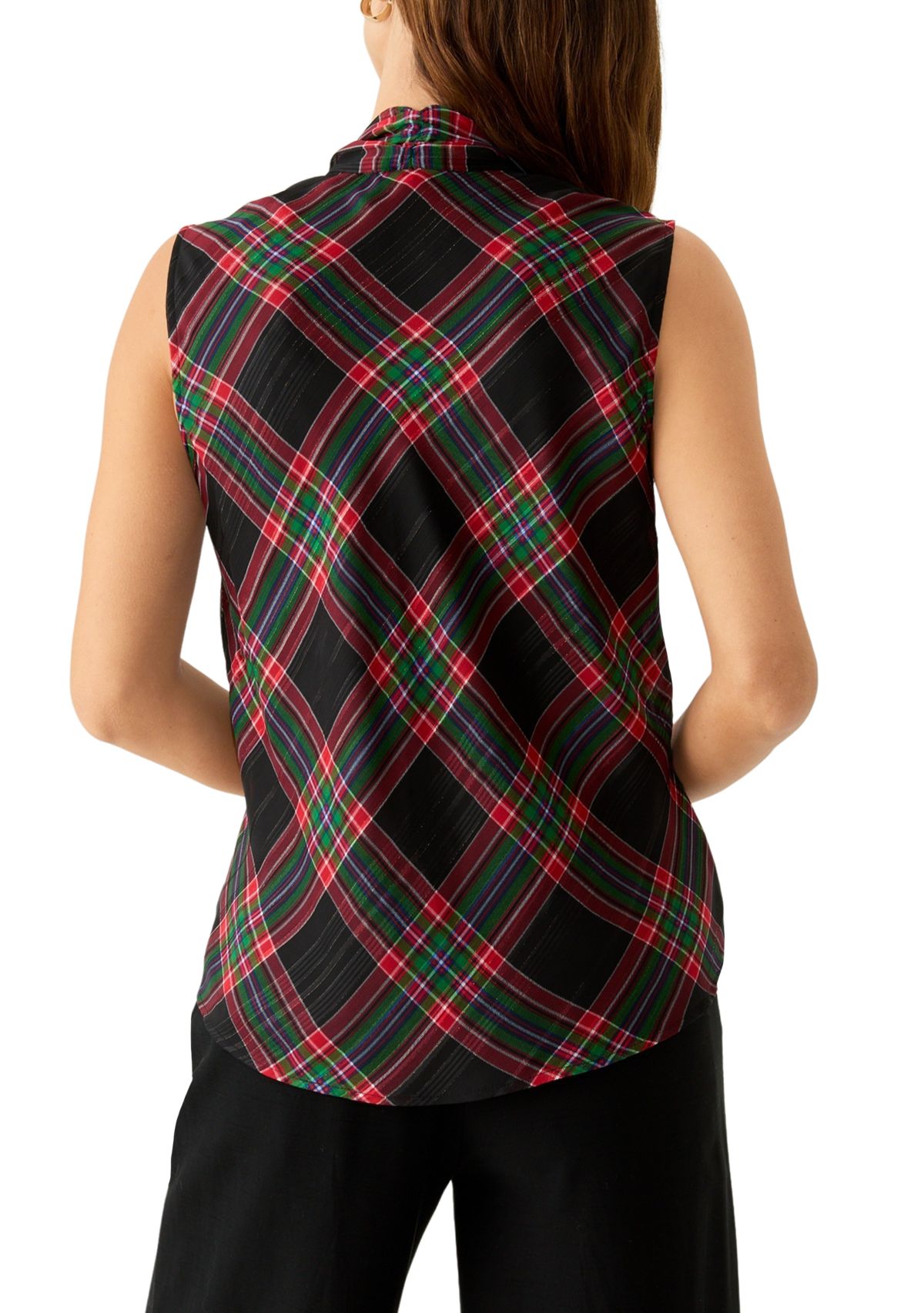 Womens Sleeveless Bow Neck Plaid Blouse