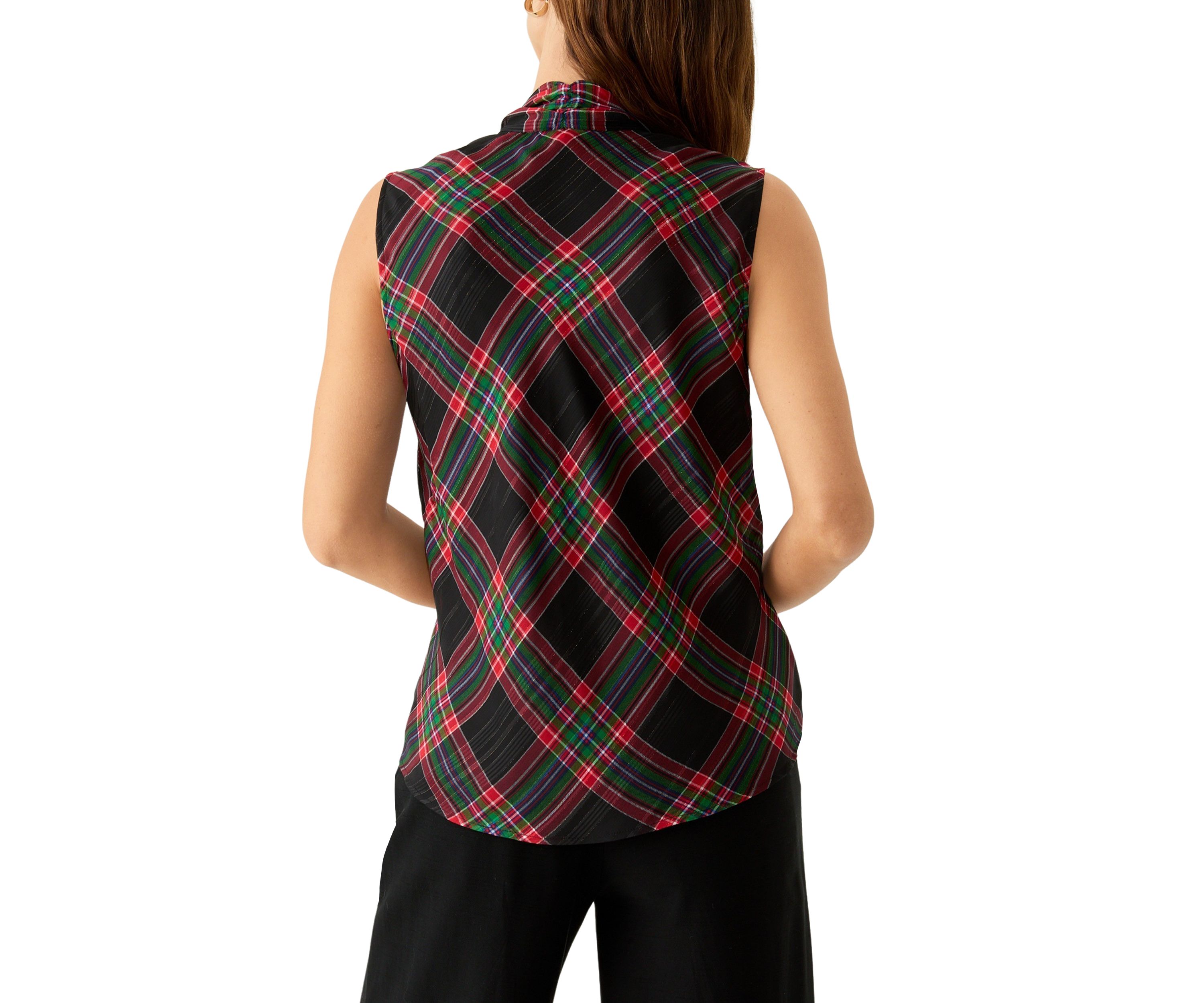 Womens Sleeveless Bow Neck Plaid Blouse