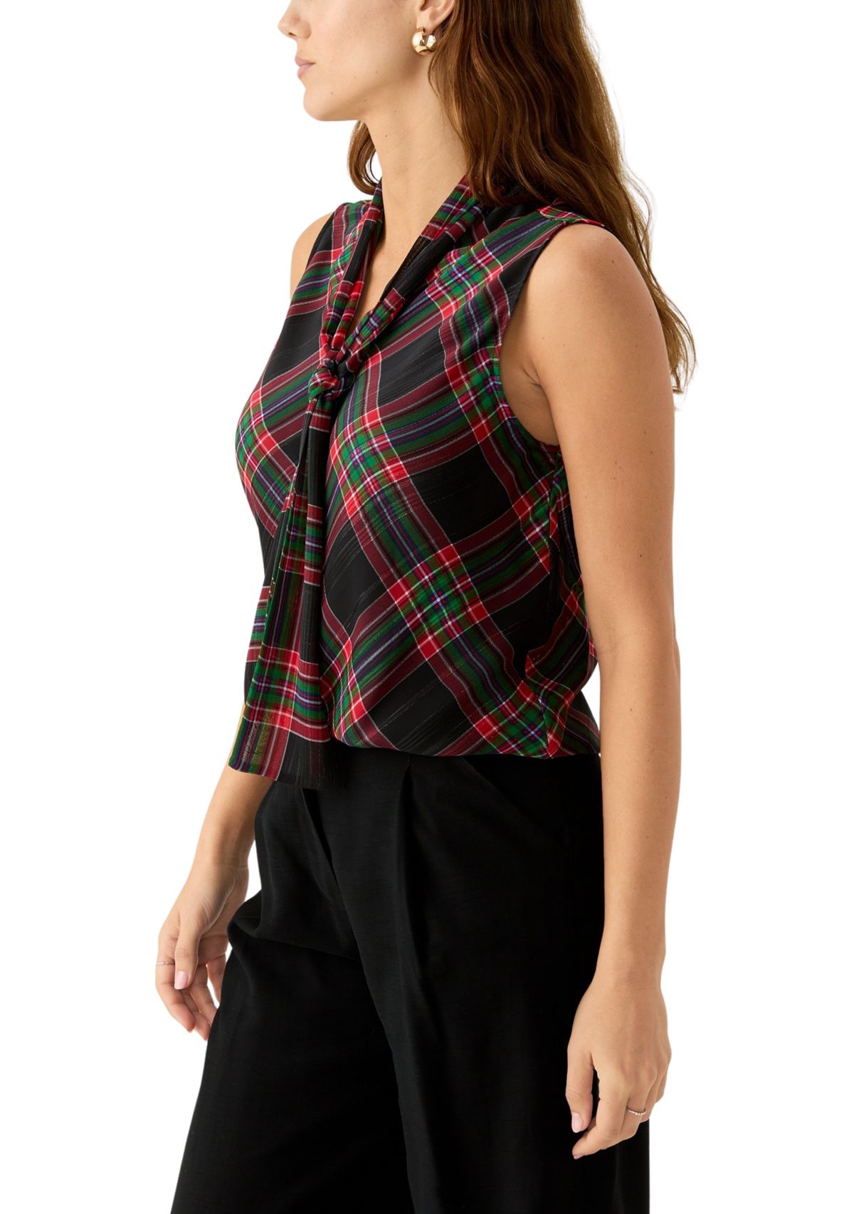 Womens Sleeveless Bow Neck Plaid Blouse