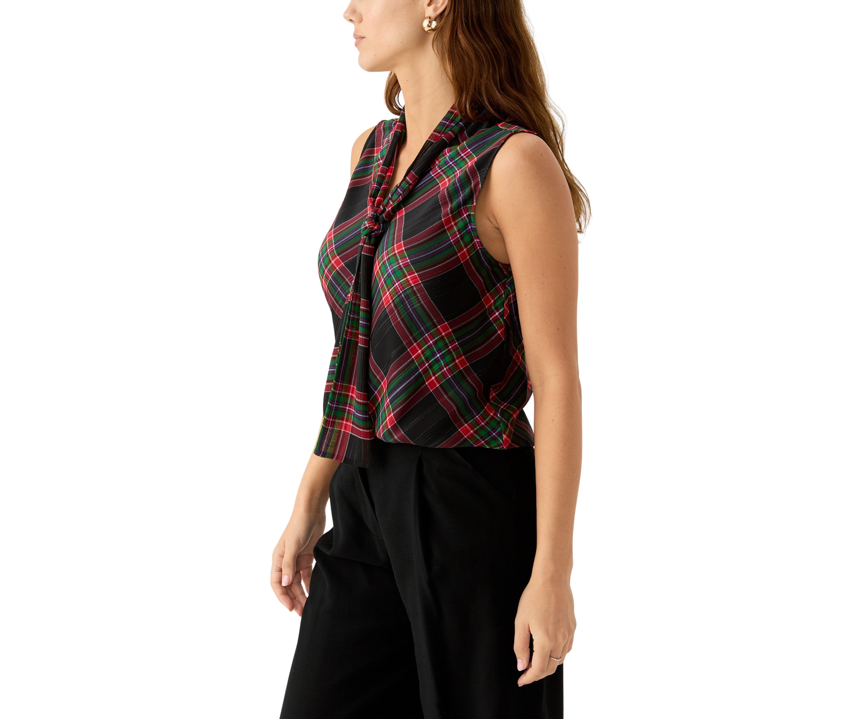 Womens Sleeveless Bow Neck Plaid Blouse