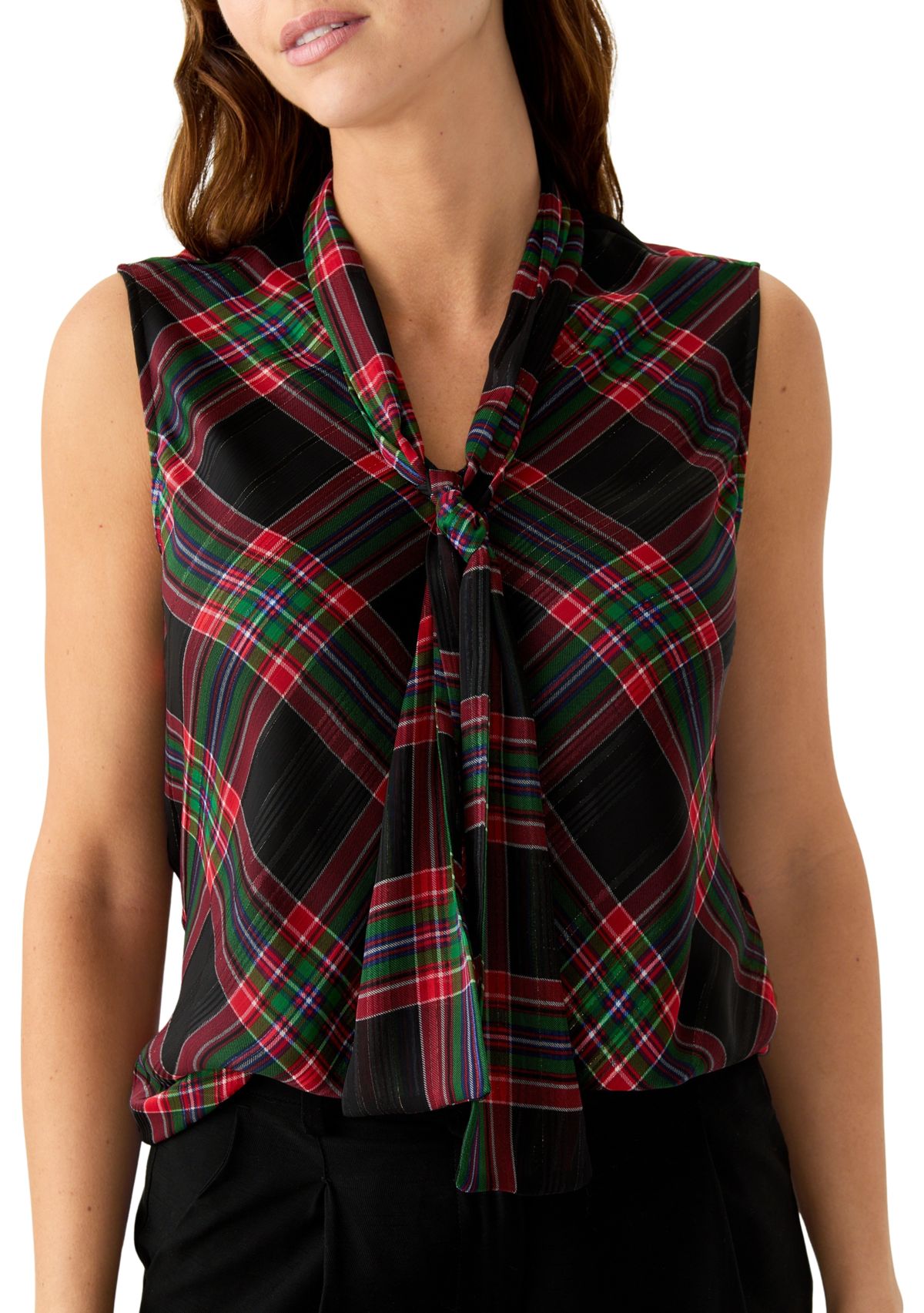 Womens Sleeveless Bow Neck Plaid Blouse