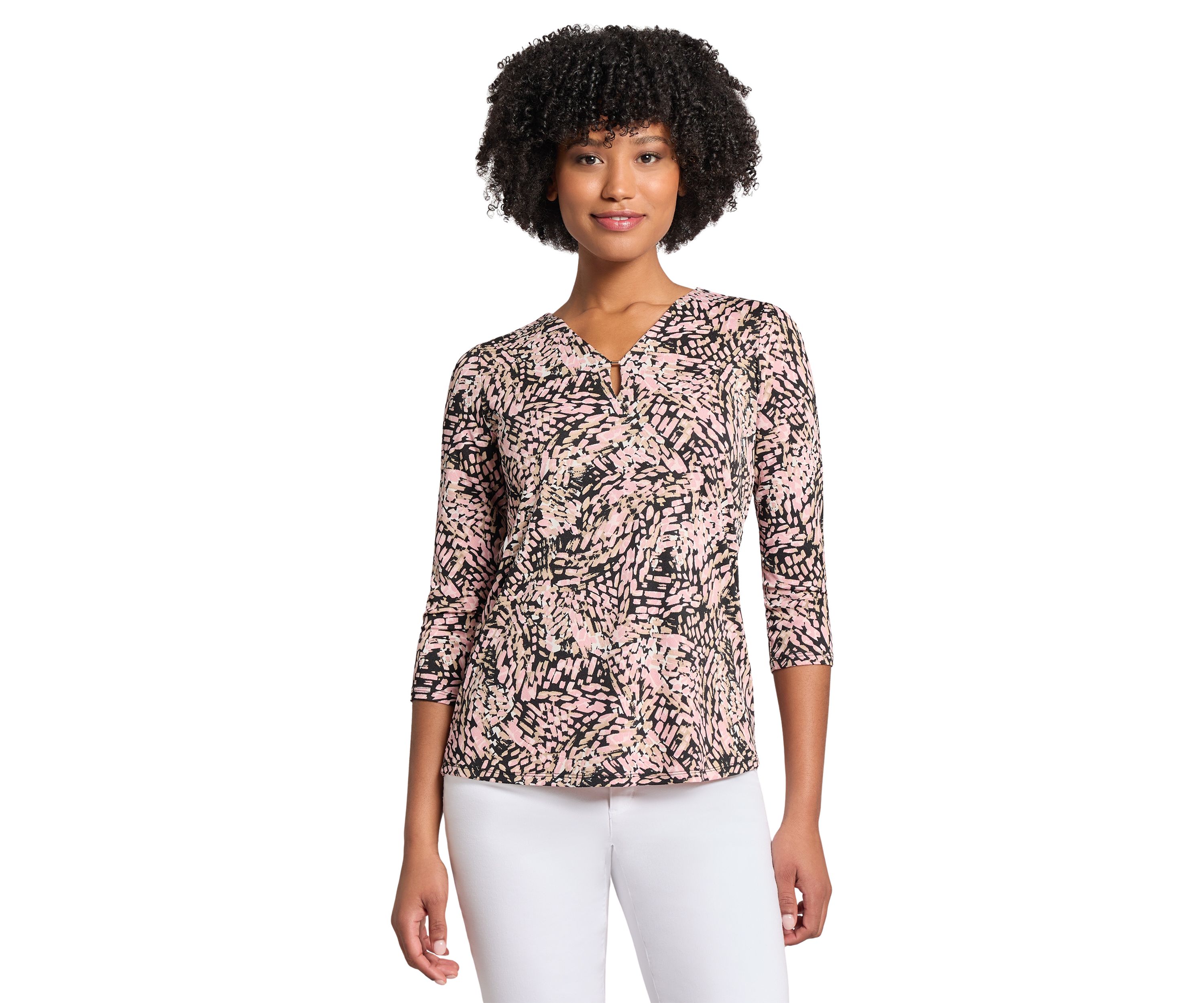 Womens Printed Moss Crepe 3/4 Sleeve V-Neck Top with Tube Trim