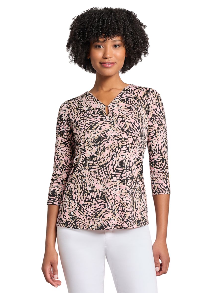 Womens Printed Moss Crepe 3/4 Sleeve V-Neck Top with Tube Trim