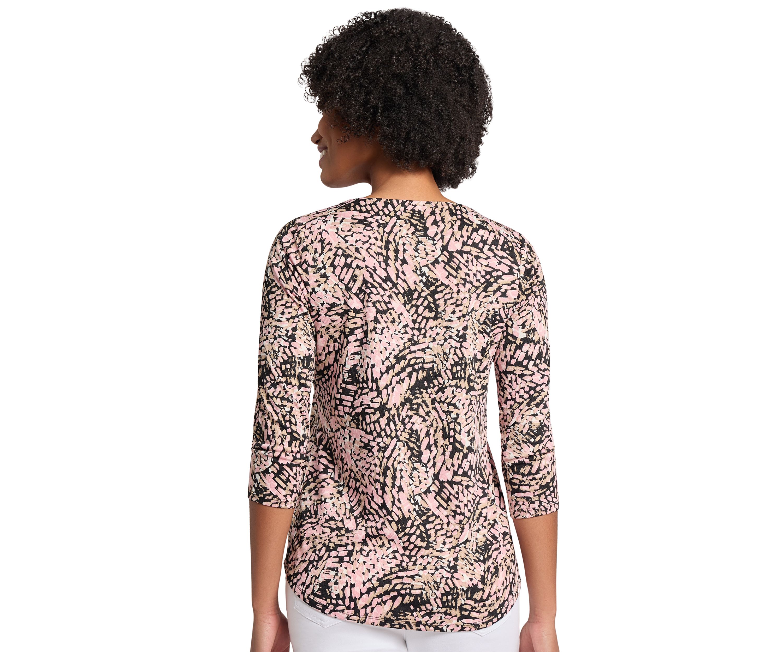 Womens Printed Moss Crepe 3/4 Sleeve V-Neck Top with Tube Trim