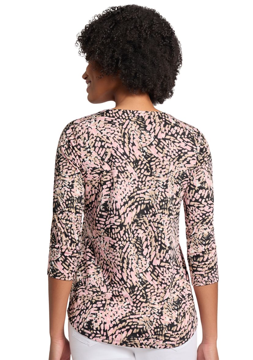 Womens Printed Moss Crepe 3/4 Sleeve V-Neck Top with Tube Trim