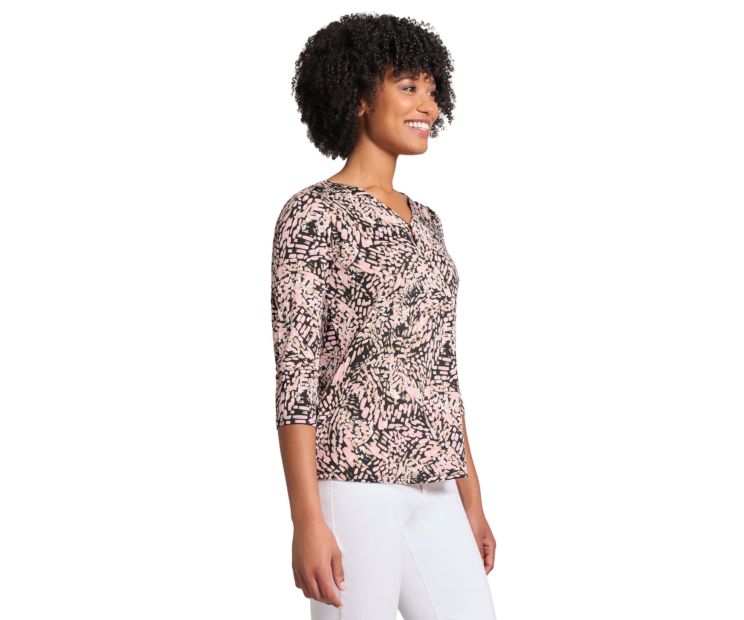 Womens Printed Moss Crepe 3/4 Sleeve V-Neck Top with Tube Trim