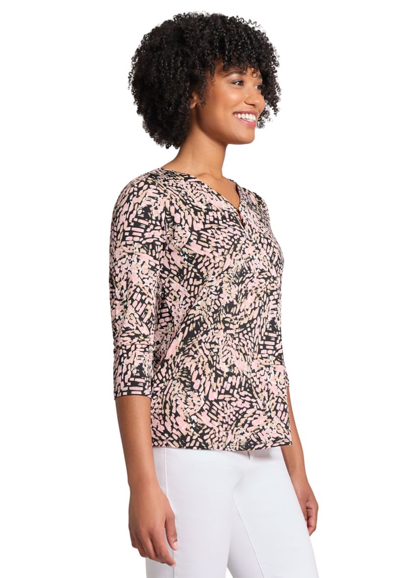 Womens Printed Moss Crepe 3/4 Sleeve V-Neck Top with Tube Trim