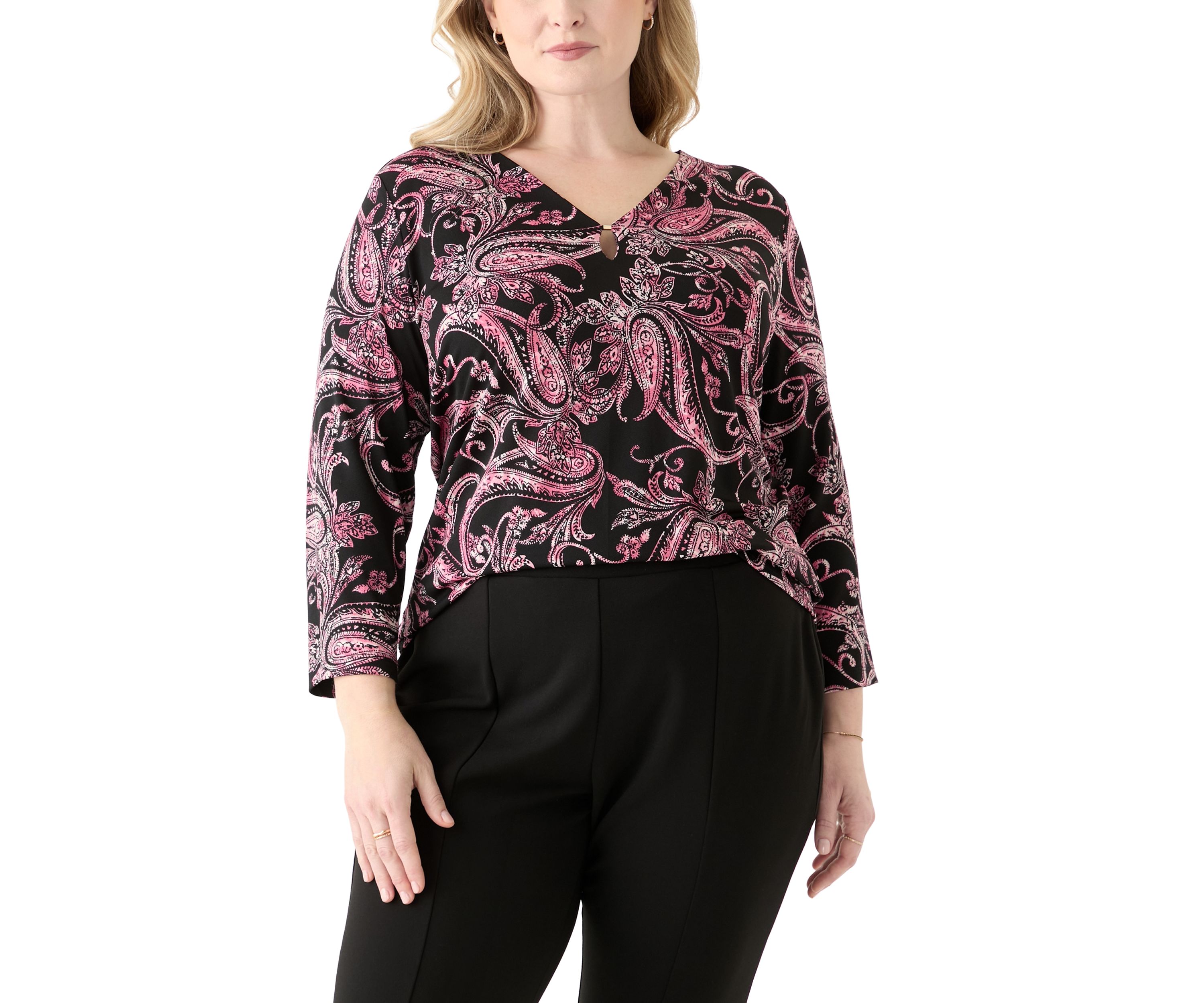 Plus Size Printed Moss Crepe 3/4 Sleeve V-Neck Top with Tube Trim