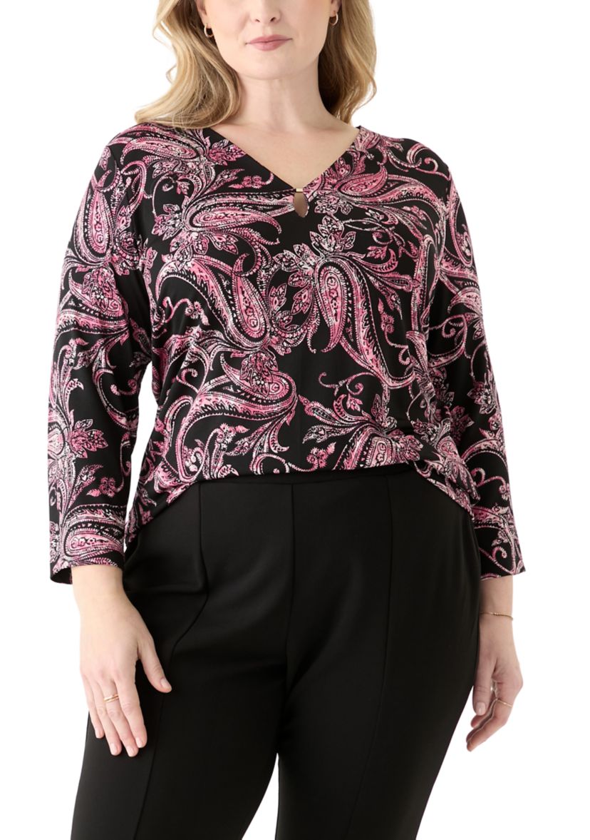 Plus Size Printed Moss Crepe 3/4 Sleeve V-Neck Top with Tube Trim