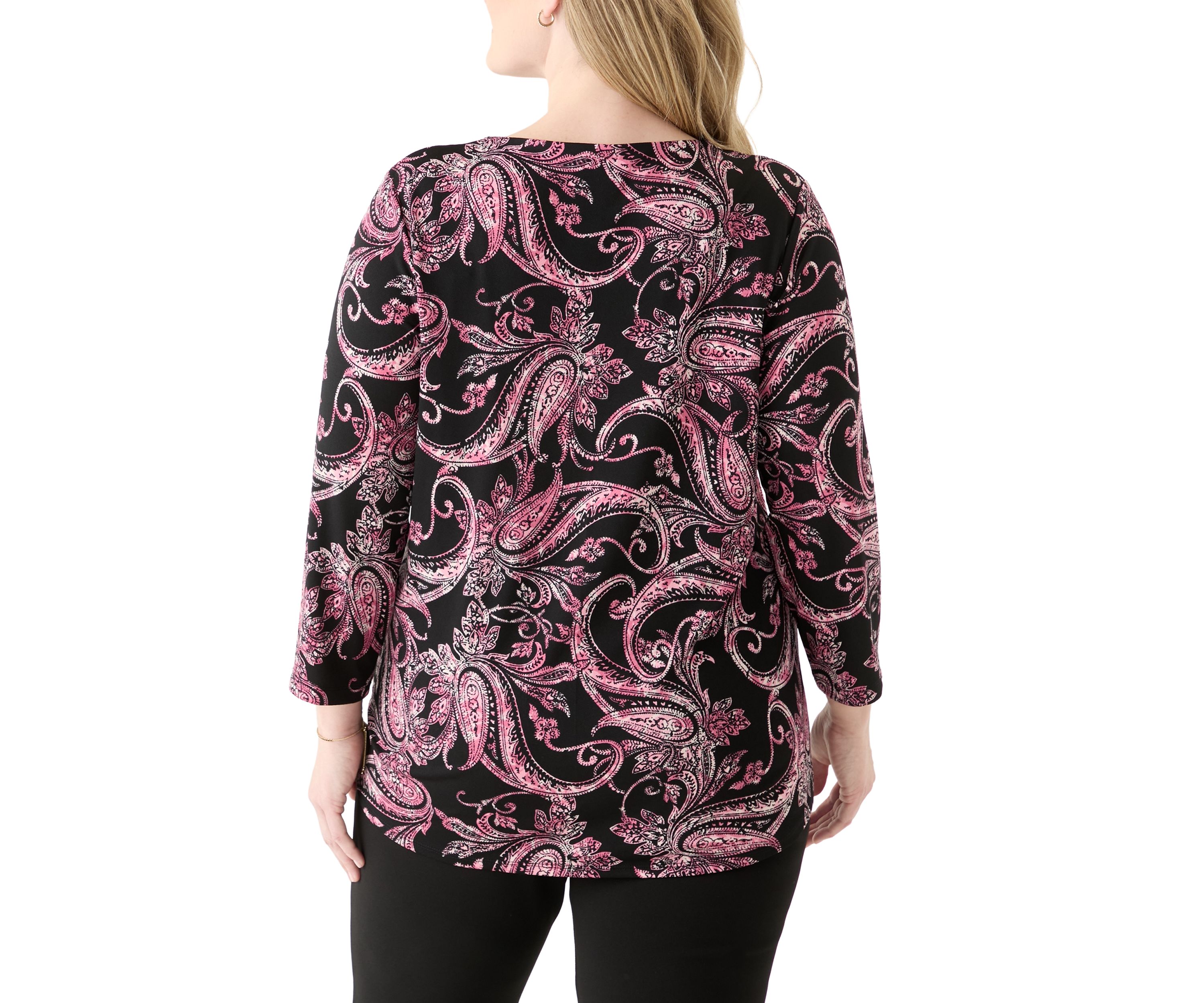 Plus Size Printed Moss Crepe 3/4 Sleeve V-Neck Top with Tube Trim