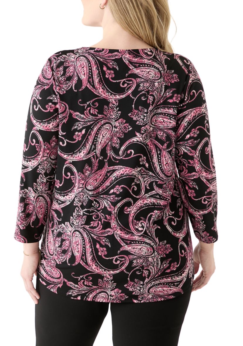 Plus Size Printed Moss Crepe 3/4 Sleeve V-Neck Top with Tube Trim