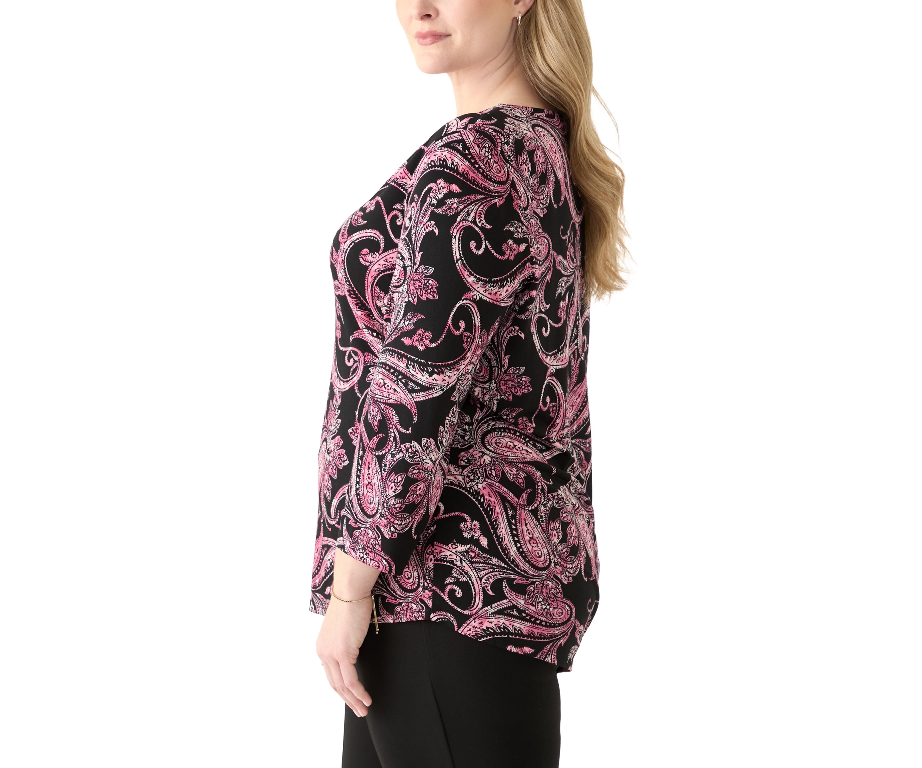 Plus Size Printed Moss Crepe 3/4 Sleeve V-Neck Top with Tube Trim