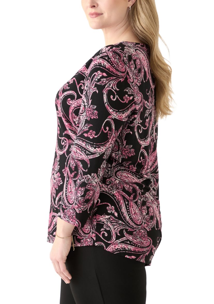 Plus Size Printed Moss Crepe 3/4 Sleeve V-Neck Top with Tube Trim