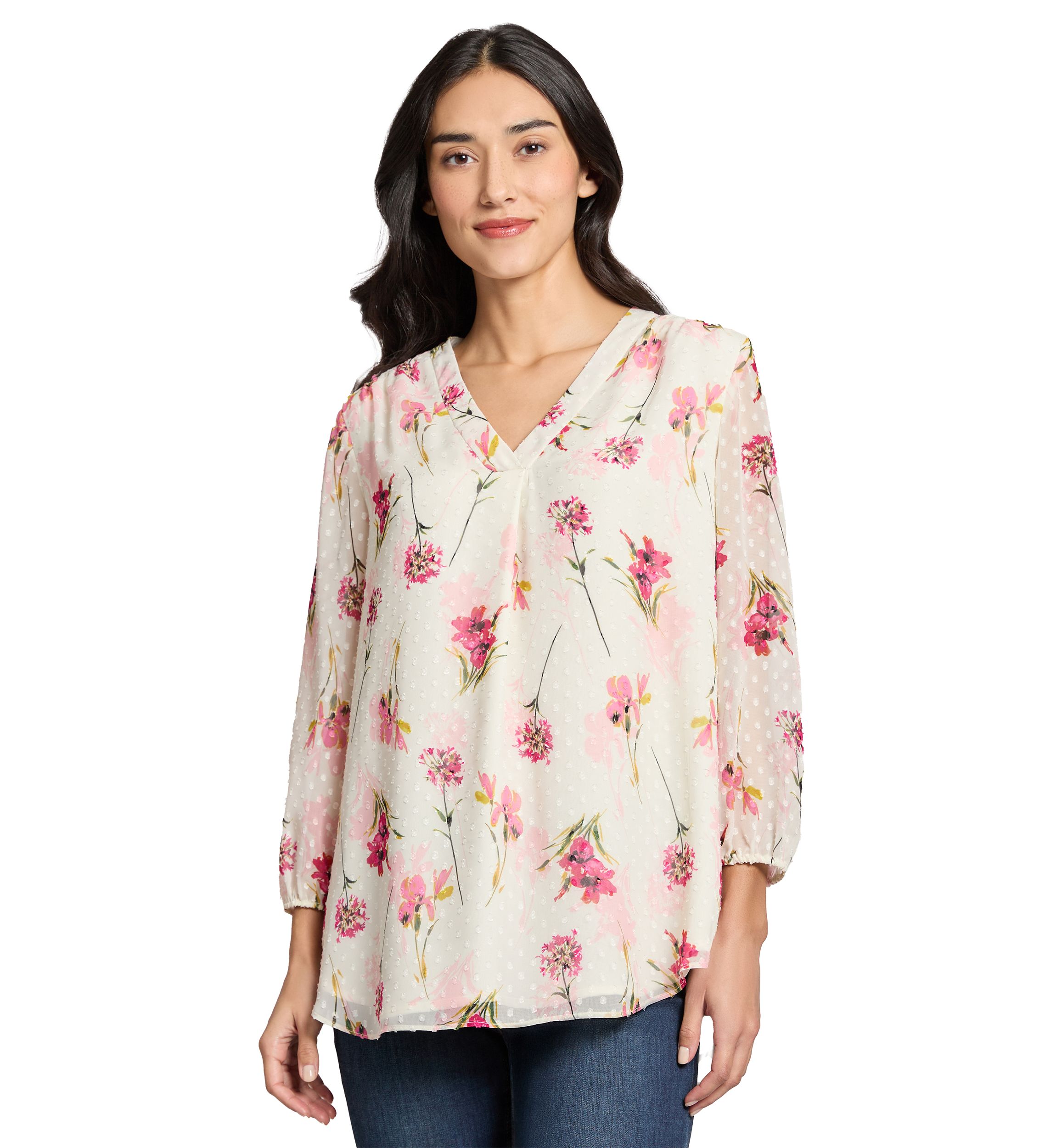 Petite V-Neck Tunic Top with Elastic Cuff Sleeves
