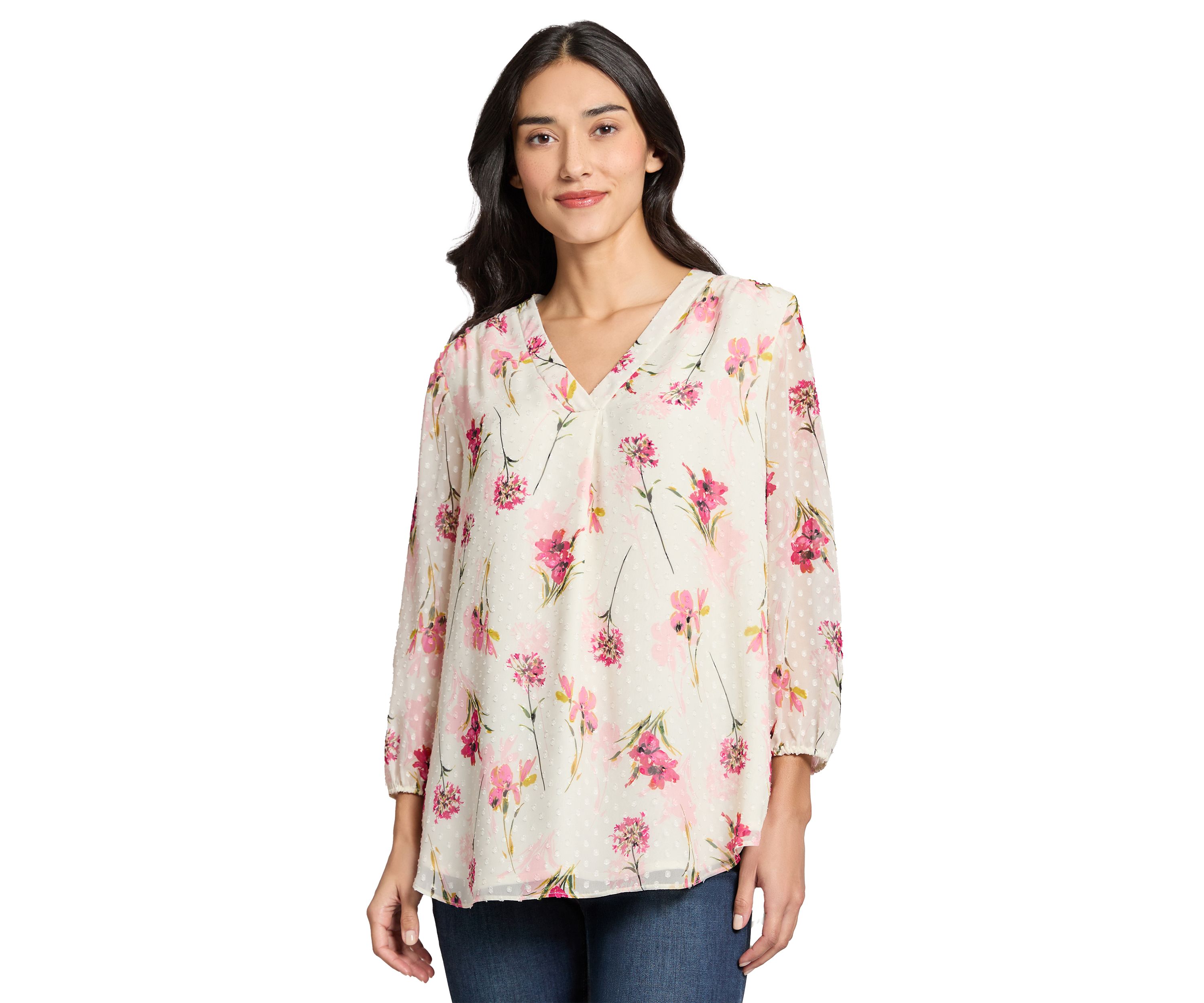 Petite V-Neck Tunic Top with Elastic Cuff Sleeves