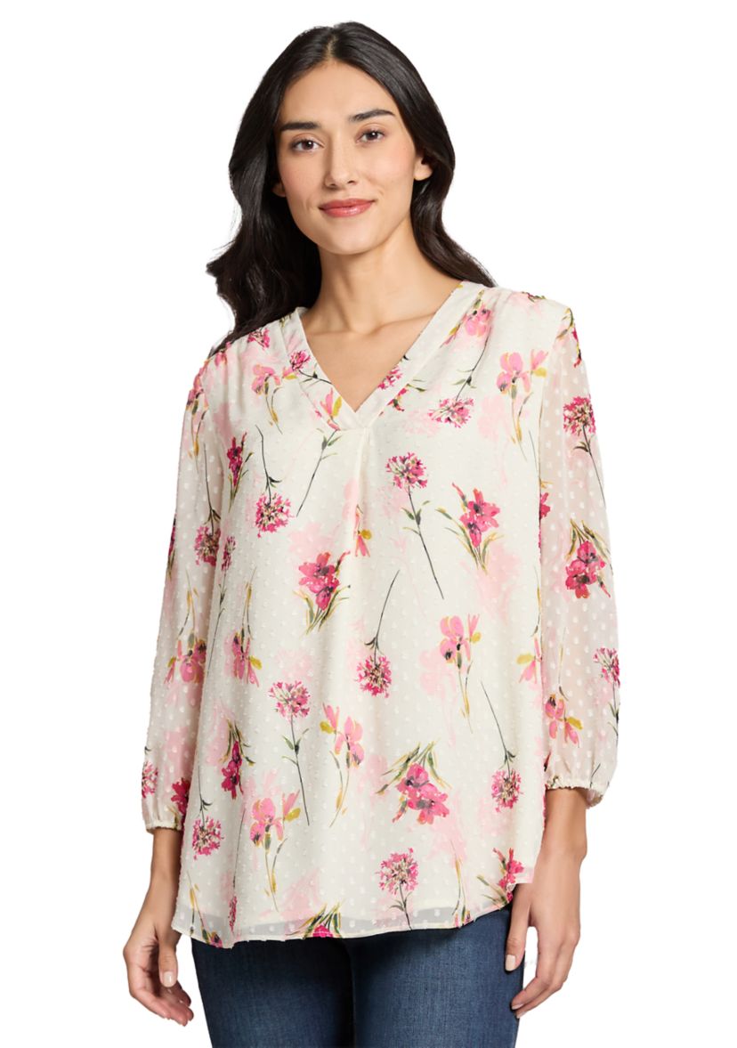Petite V-Neck Tunic Top with Elastic Cuff Sleeves