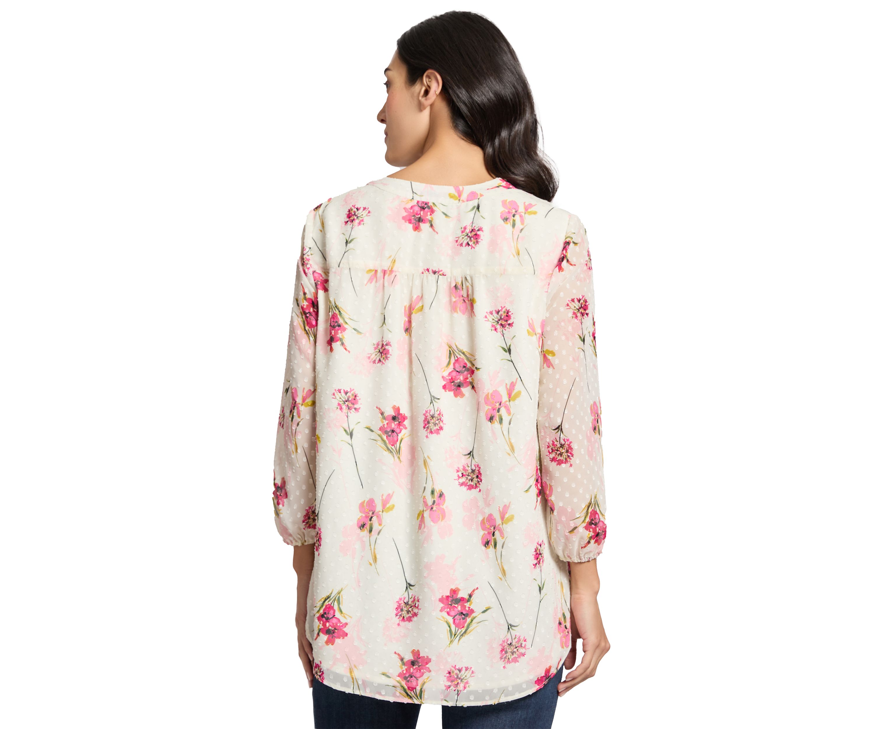 Petite V-Neck Tunic Top with Elastic Cuff Sleeves