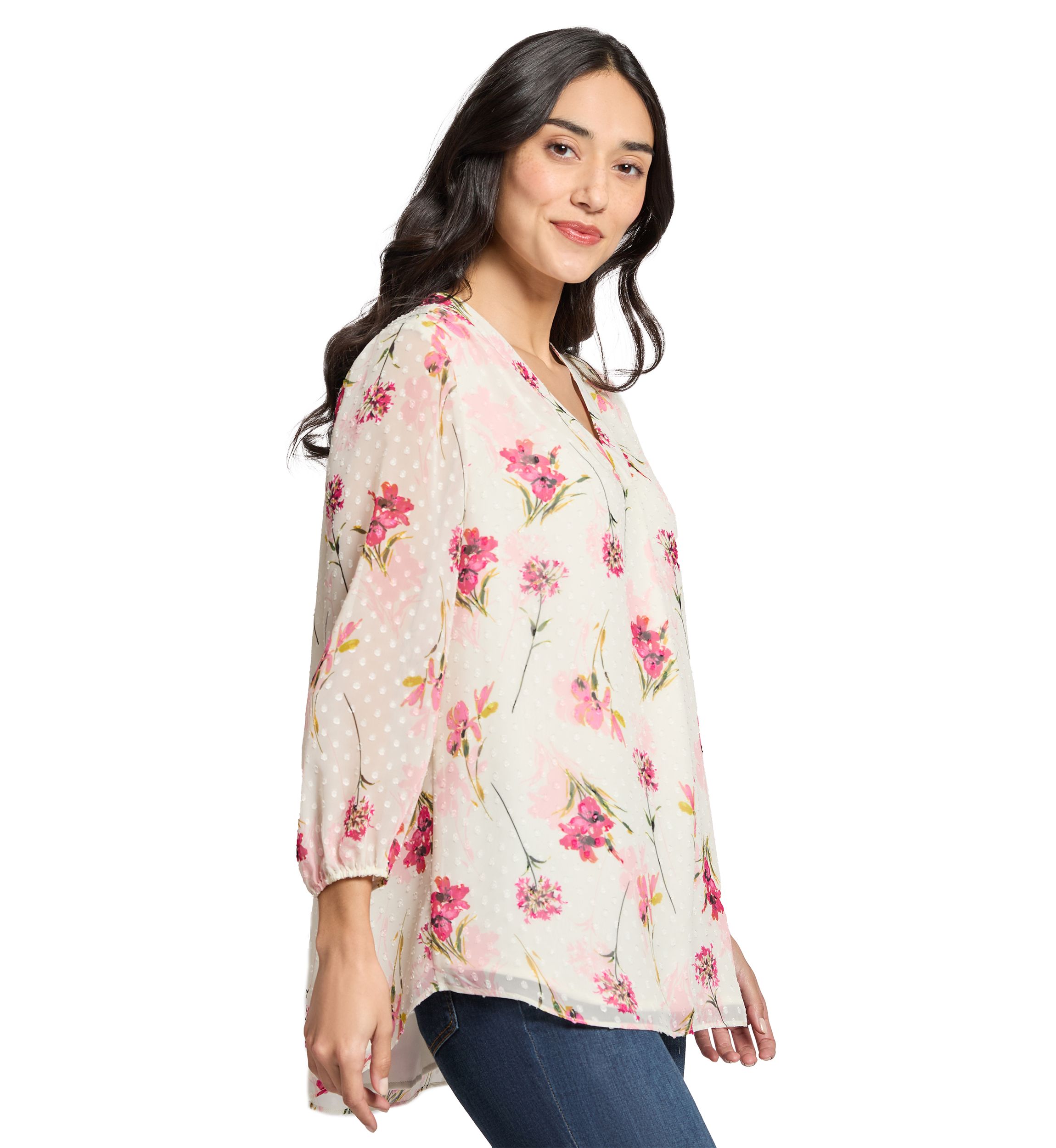 Petite V-Neck Tunic Top with Elastic Cuff Sleeves