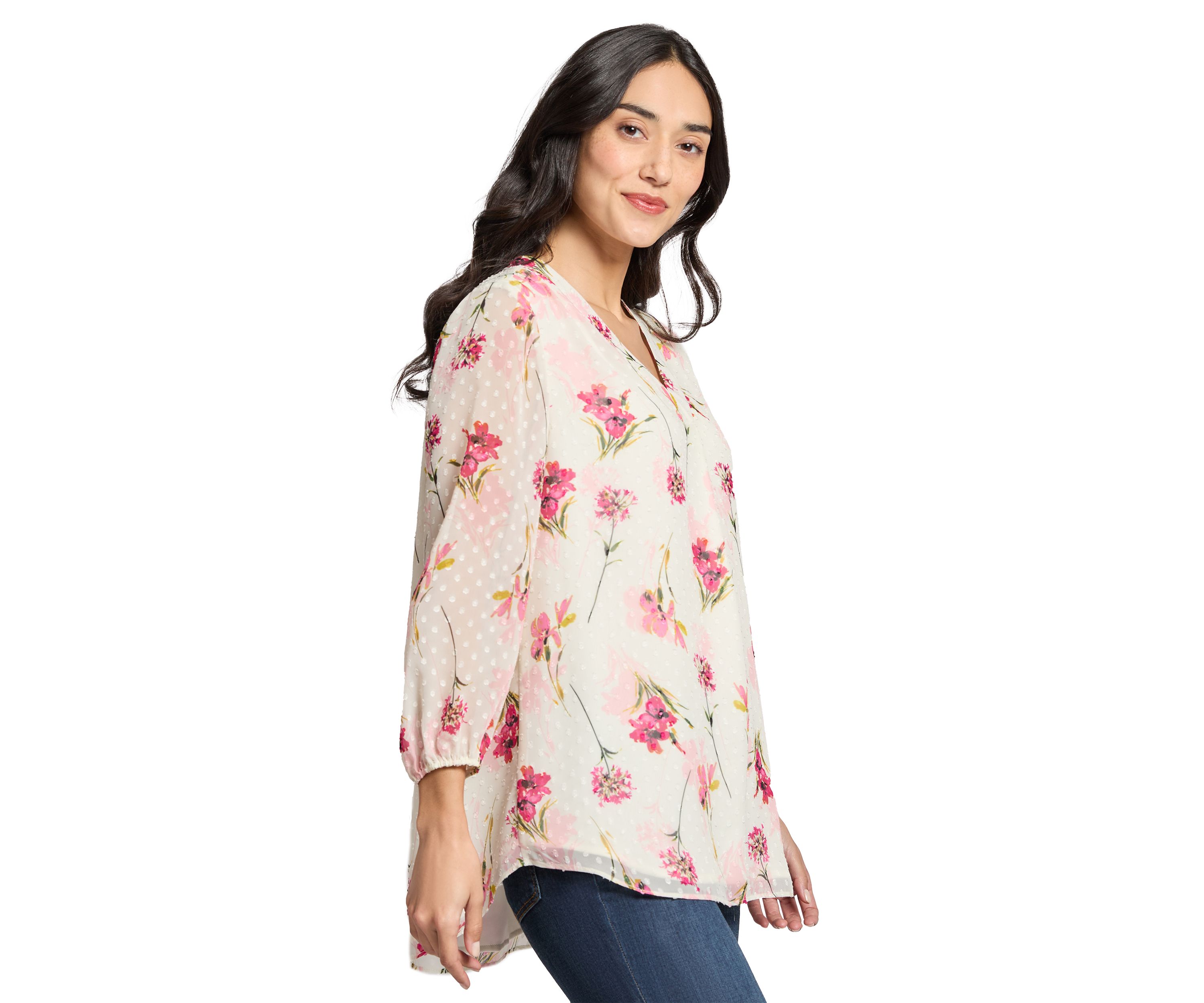 Petite V-Neck Tunic Top with Elastic Cuff Sleeves