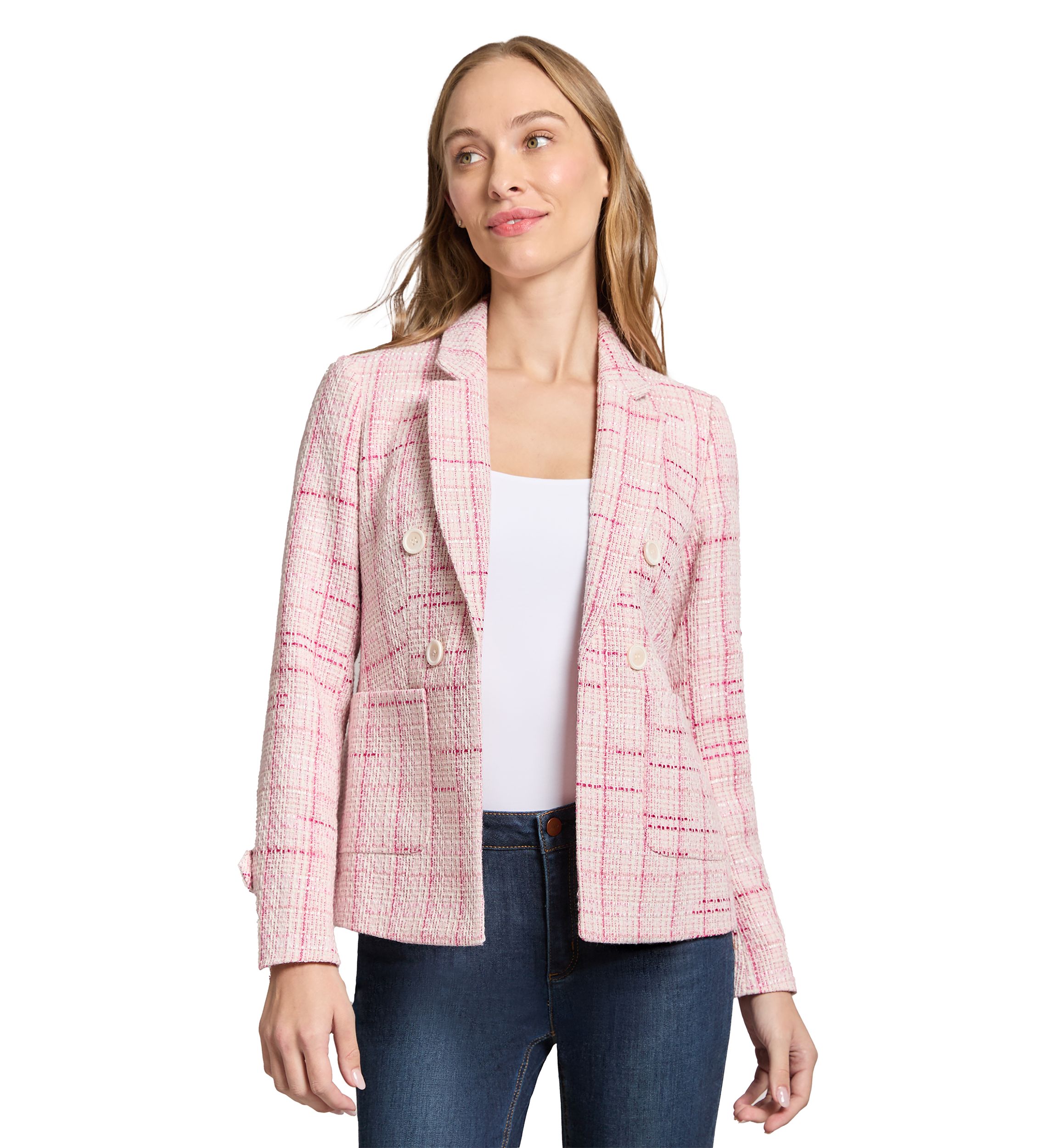 Womens Tweed Notch Faux Double Breasted Blazer with Patch Pockets and Sleeve Tab