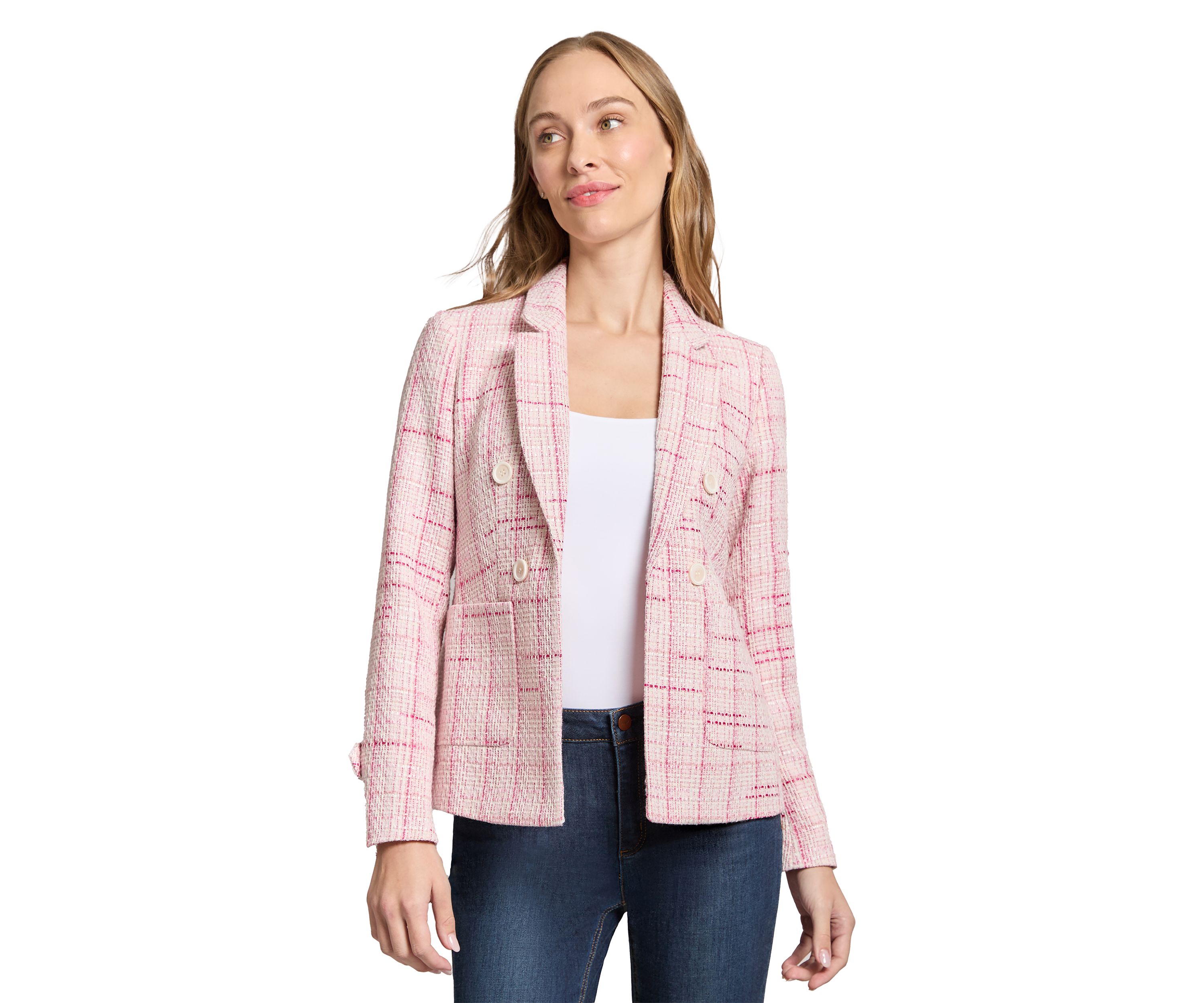 Womens Tweed Notch Faux Double Breasted Blazer with Patch Pockets and Sleeve Tab