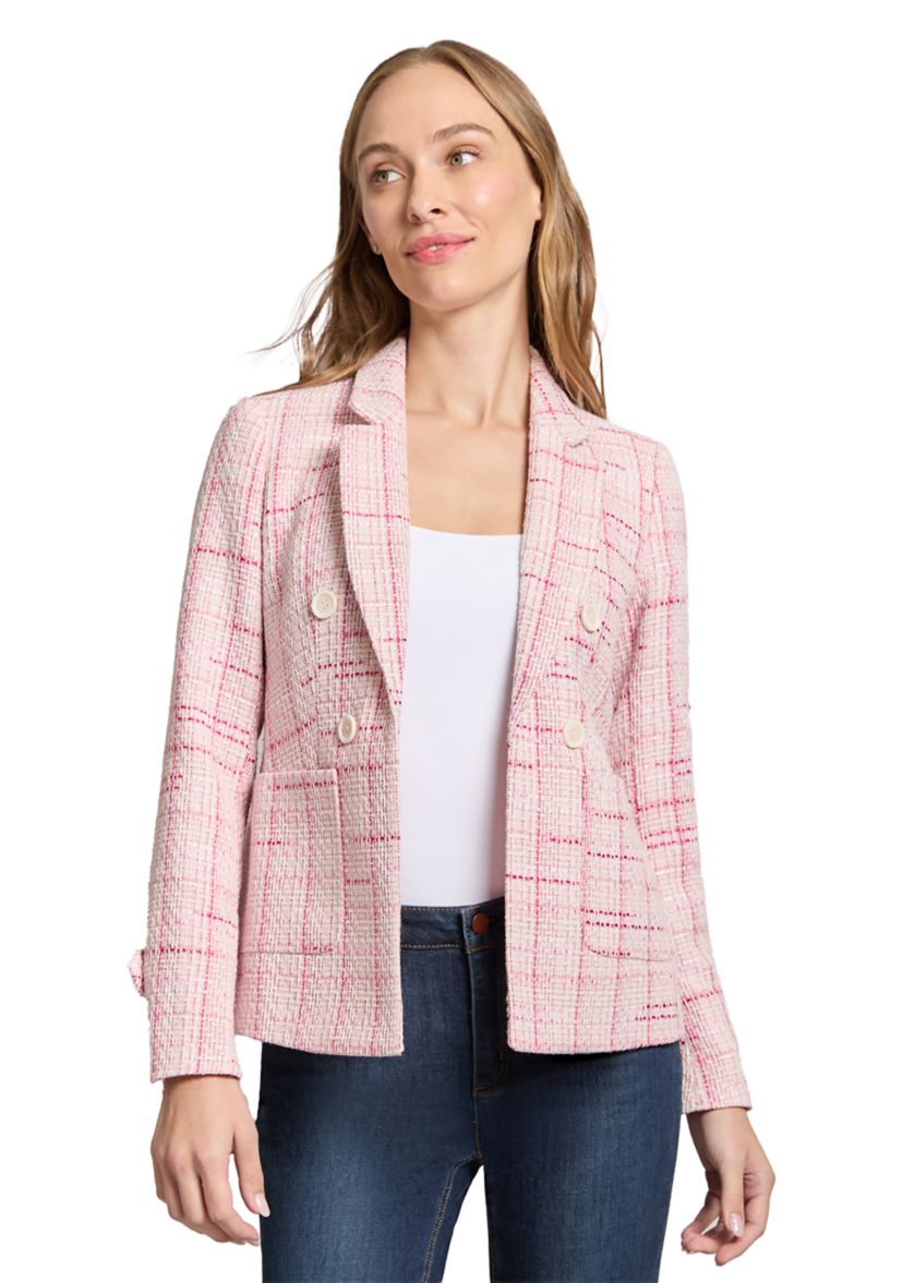 Womens Tweed Notch Faux Double Breasted Blazer with Patch Pockets and Sleeve Tab