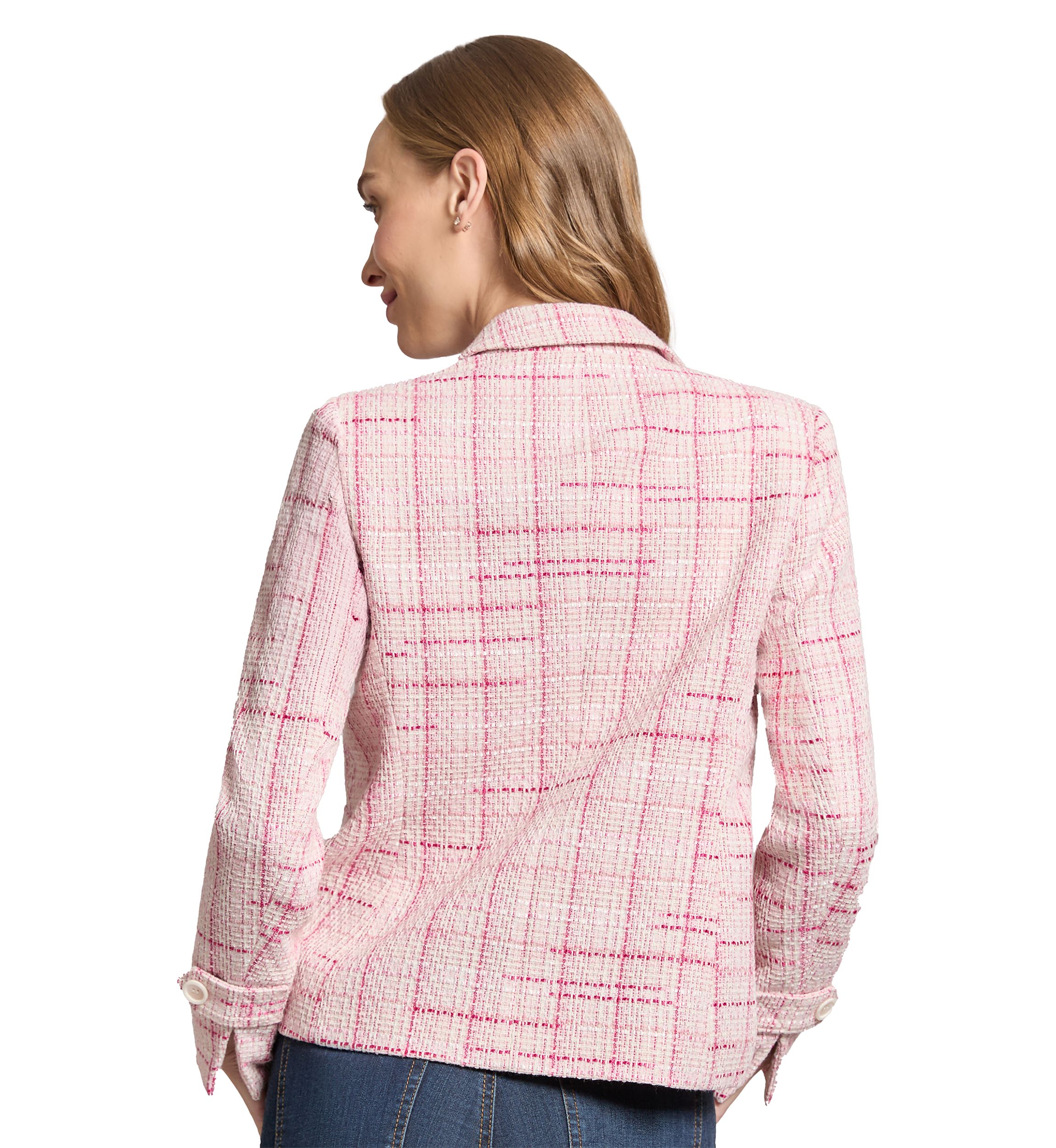 Womens Tweed Notch Faux Double Breasted Blazer with Patch Pockets and Sleeve Tab