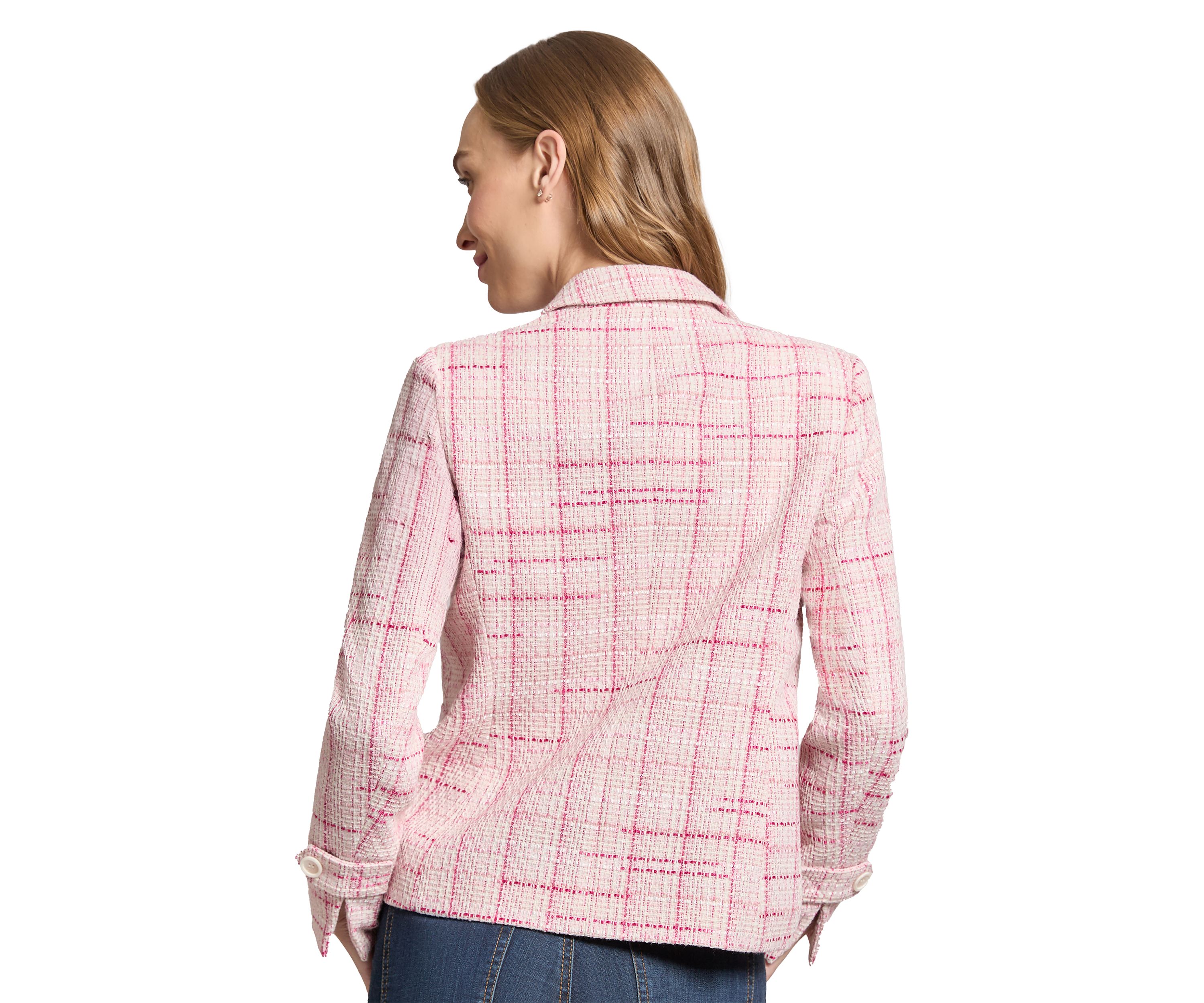 Womens Tweed Notch Faux Double Breasted Blazer with Patch Pockets and Sleeve Tab