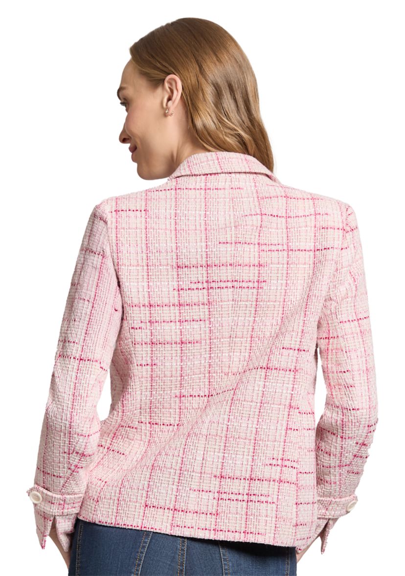 Womens Tweed Notch Faux Double Breasted Blazer with Patch Pockets and Sleeve Tab