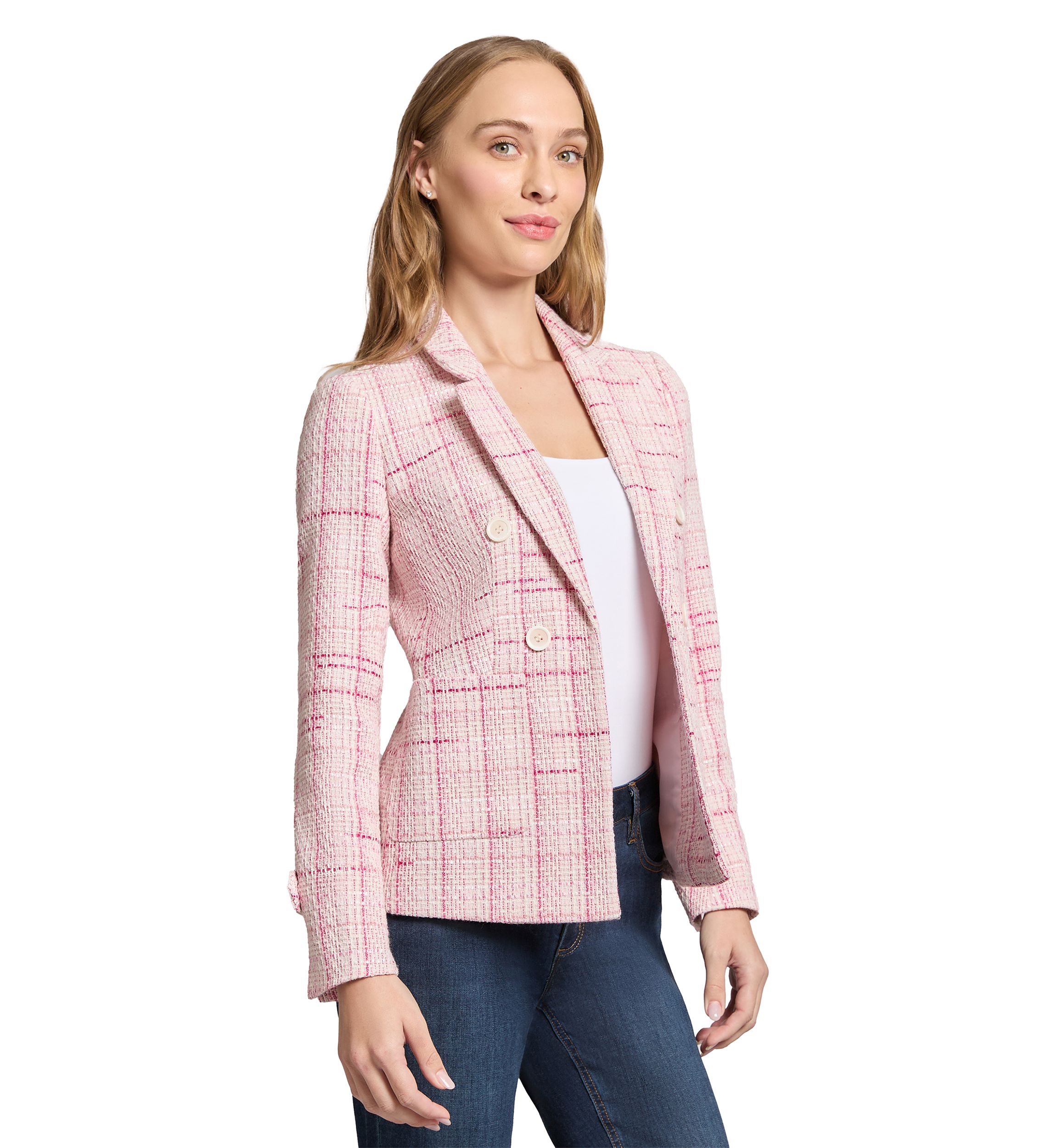 Womens Tweed Notch Faux Double Breasted Blazer with Patch Pockets and Sleeve Tab