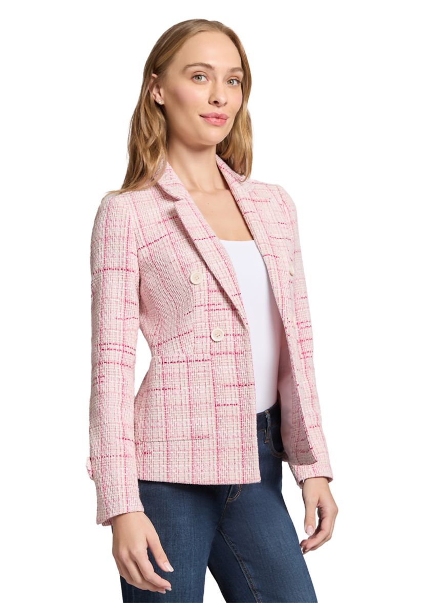 Womens Tweed Notch Faux Double Breasted Blazer with Patch Pockets and Sleeve Tab