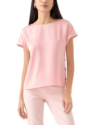 JONES NEW YORK Women's Petite Short Sleeve Side Button Blouse, Pink, PS