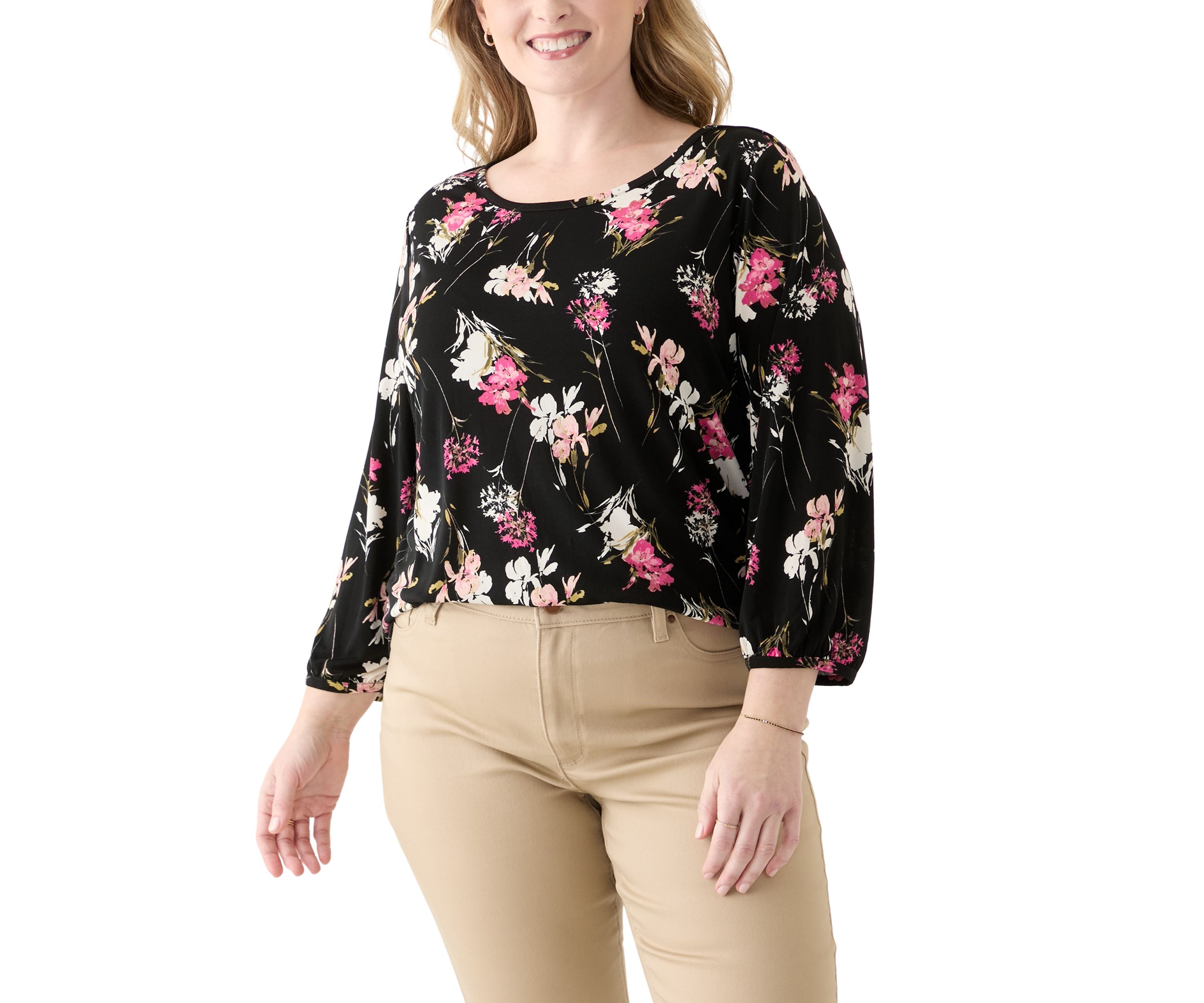 Plus Size Printed Moss Crepe Crew Neck Top with Puff Cuff Sleeves