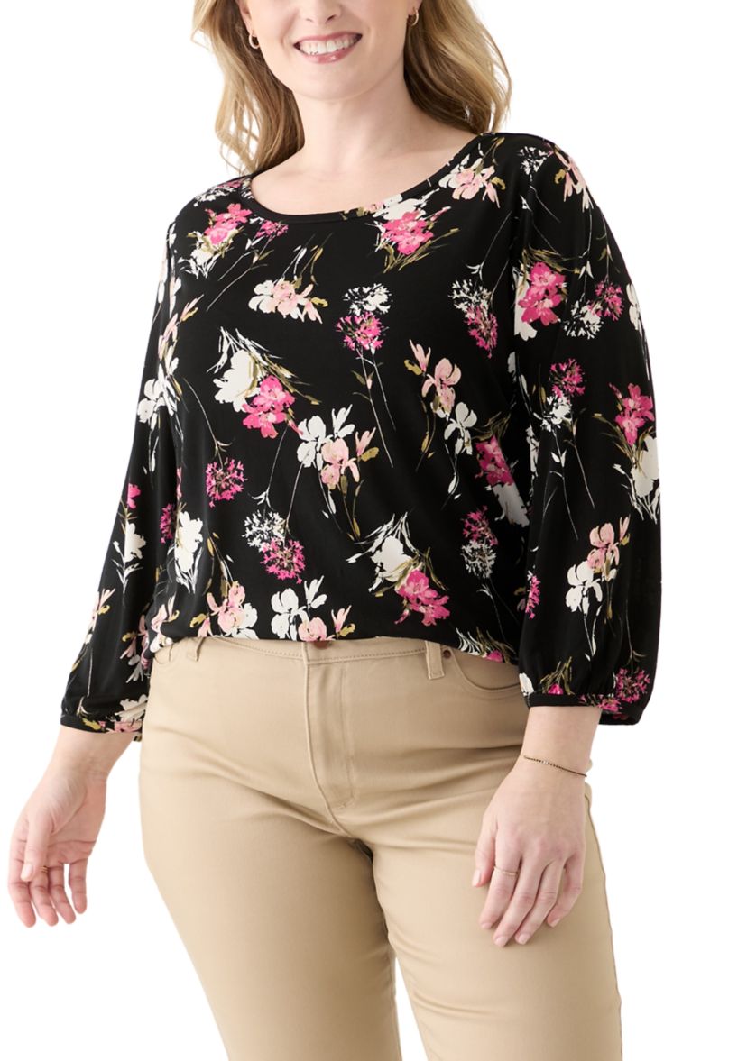Plus Size Printed Moss Crepe Crew Neck Top with Puff Cuff Sleeves