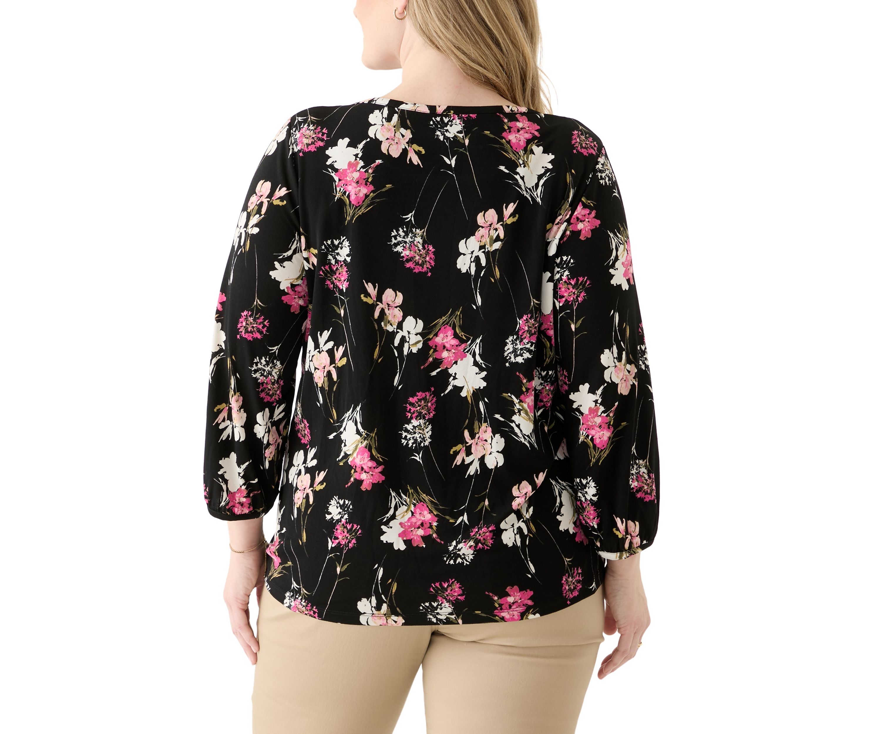 Plus Size Printed Moss Crepe Crew Neck Top with Puff Cuff Sleeves