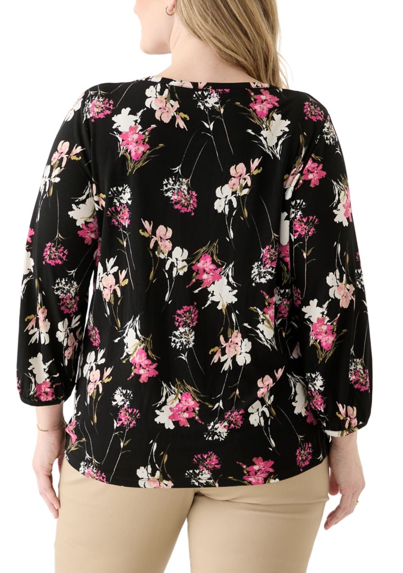 Plus Size Printed Moss Crepe Crew Neck Top with Puff Cuff Sleeves