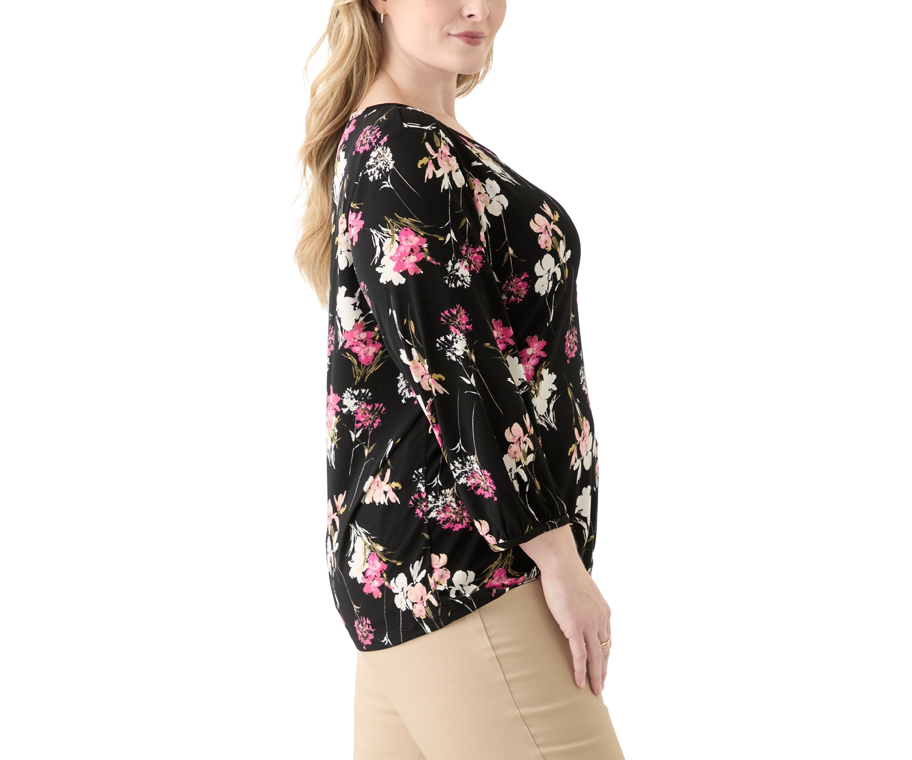 Plus Size Printed Moss Crepe Crew Neck Top with Puff Cuff Sleeves