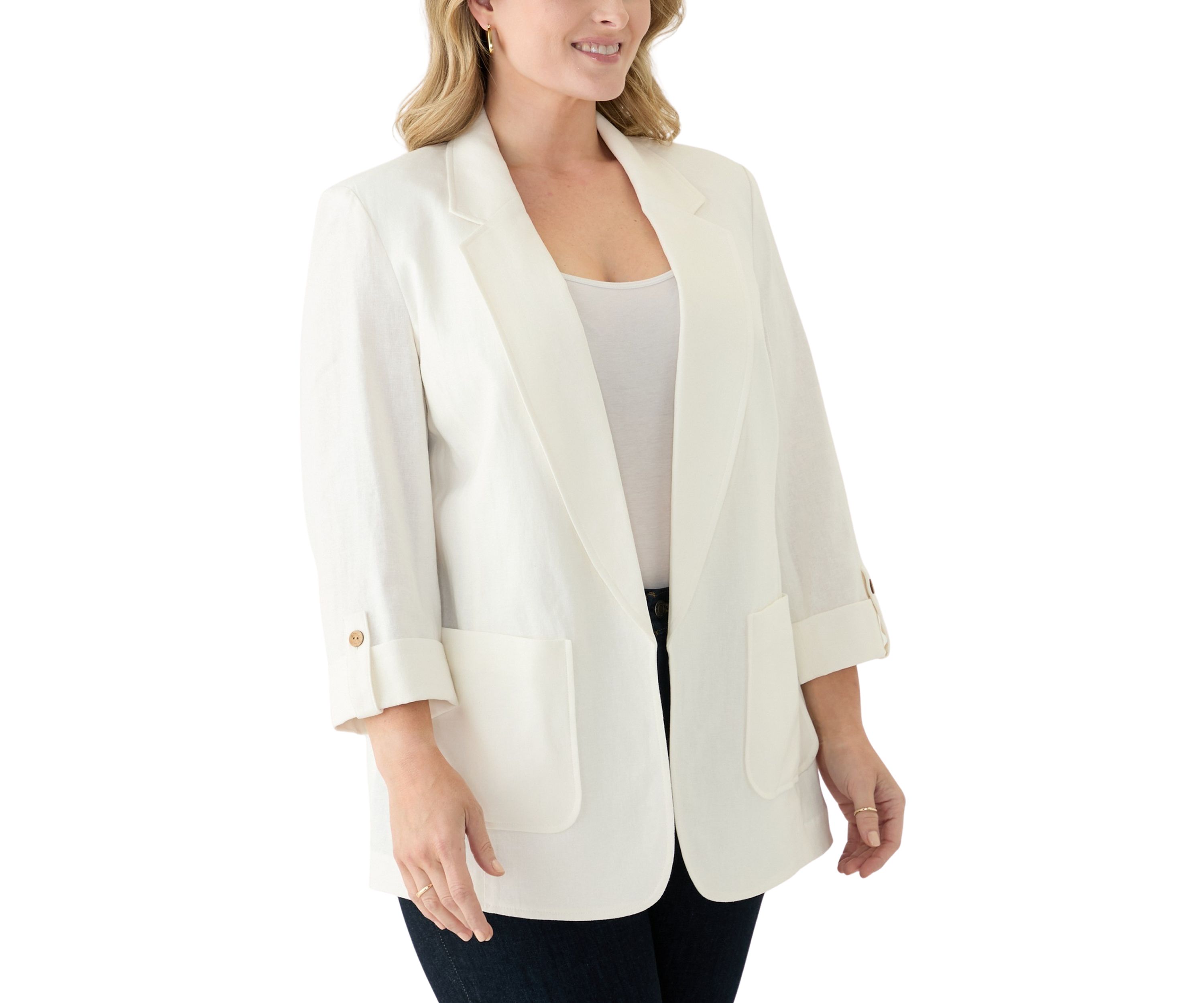 Plus Size Linen Patch Pocket Jacket with Roll Tab Sleeves 