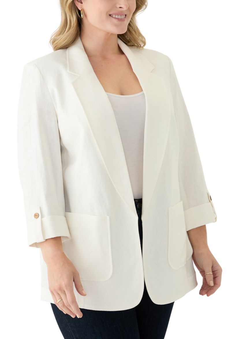 Plus Size Linen Patch Pocket Jacket with Roll Tab Sleeves 