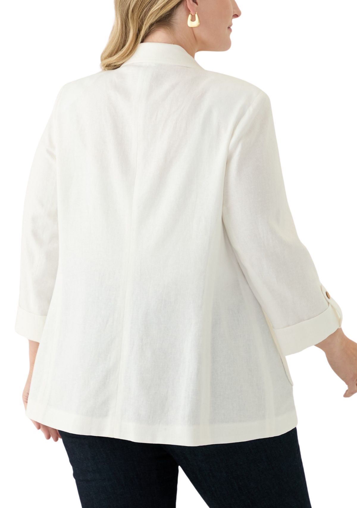 Plus Size Linen Patch Pocket Jacket with Roll Tab Sleeves 