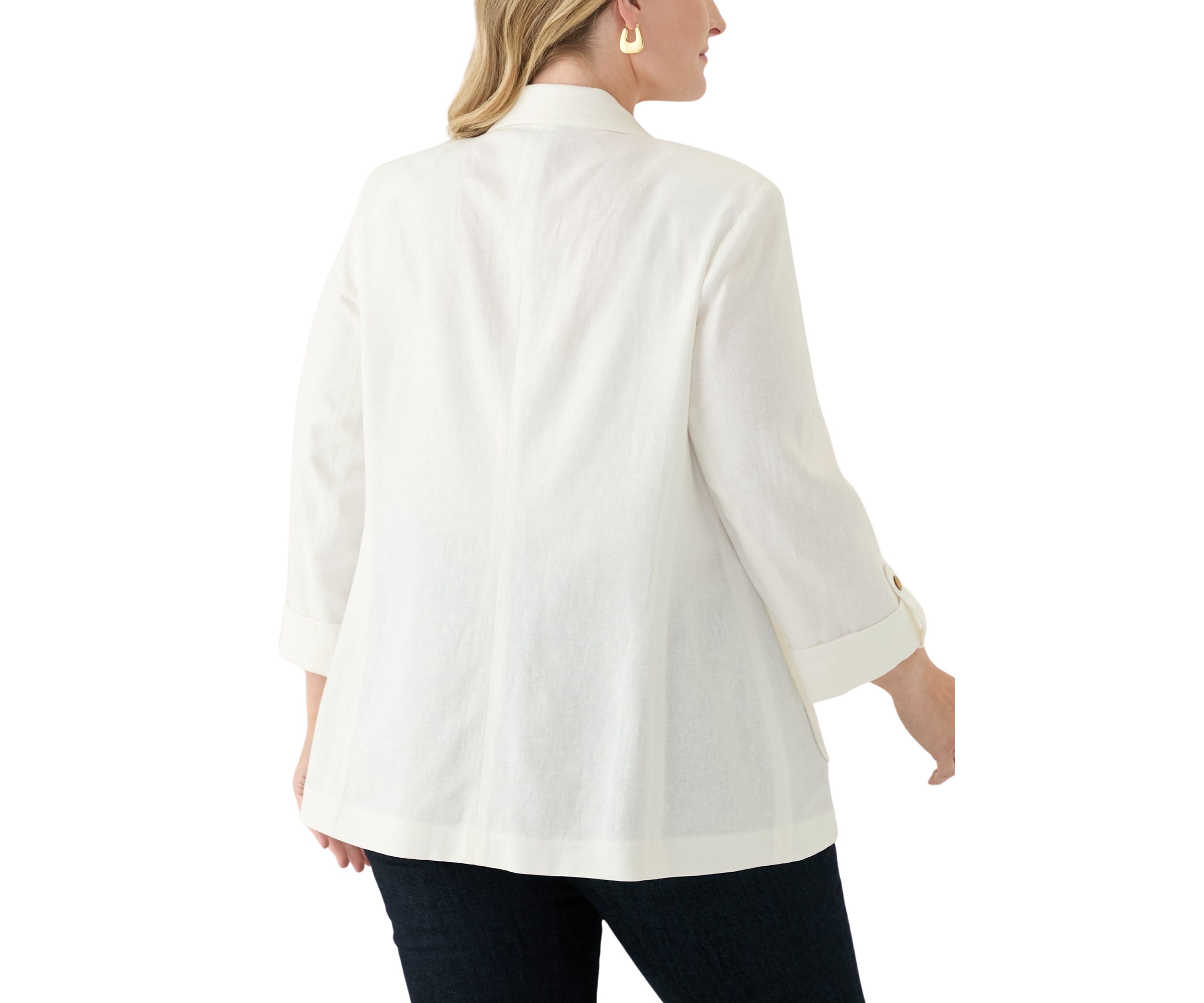 Plus Size Linen Patch Pocket Jacket with Roll Tab Sleeves 