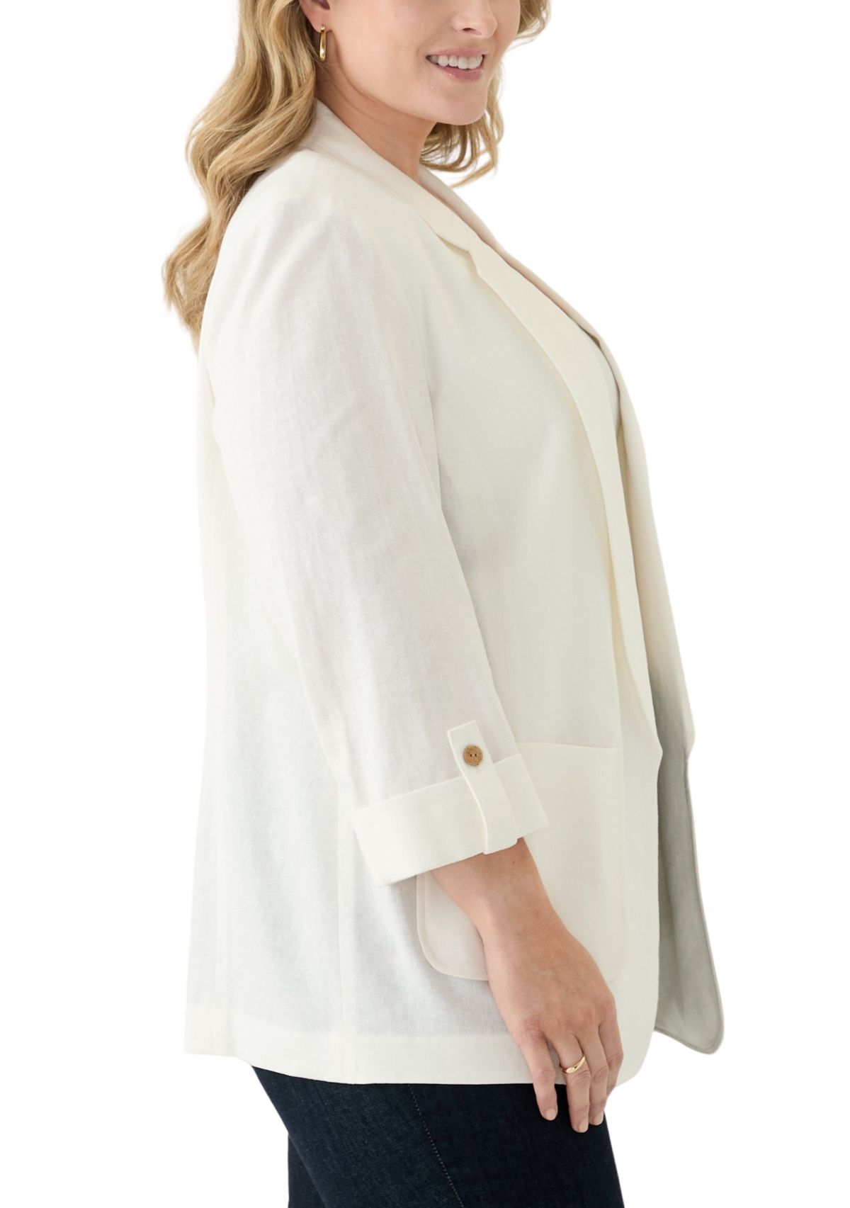 Plus Size Linen Patch Pocket Jacket with Roll Tab Sleeves 