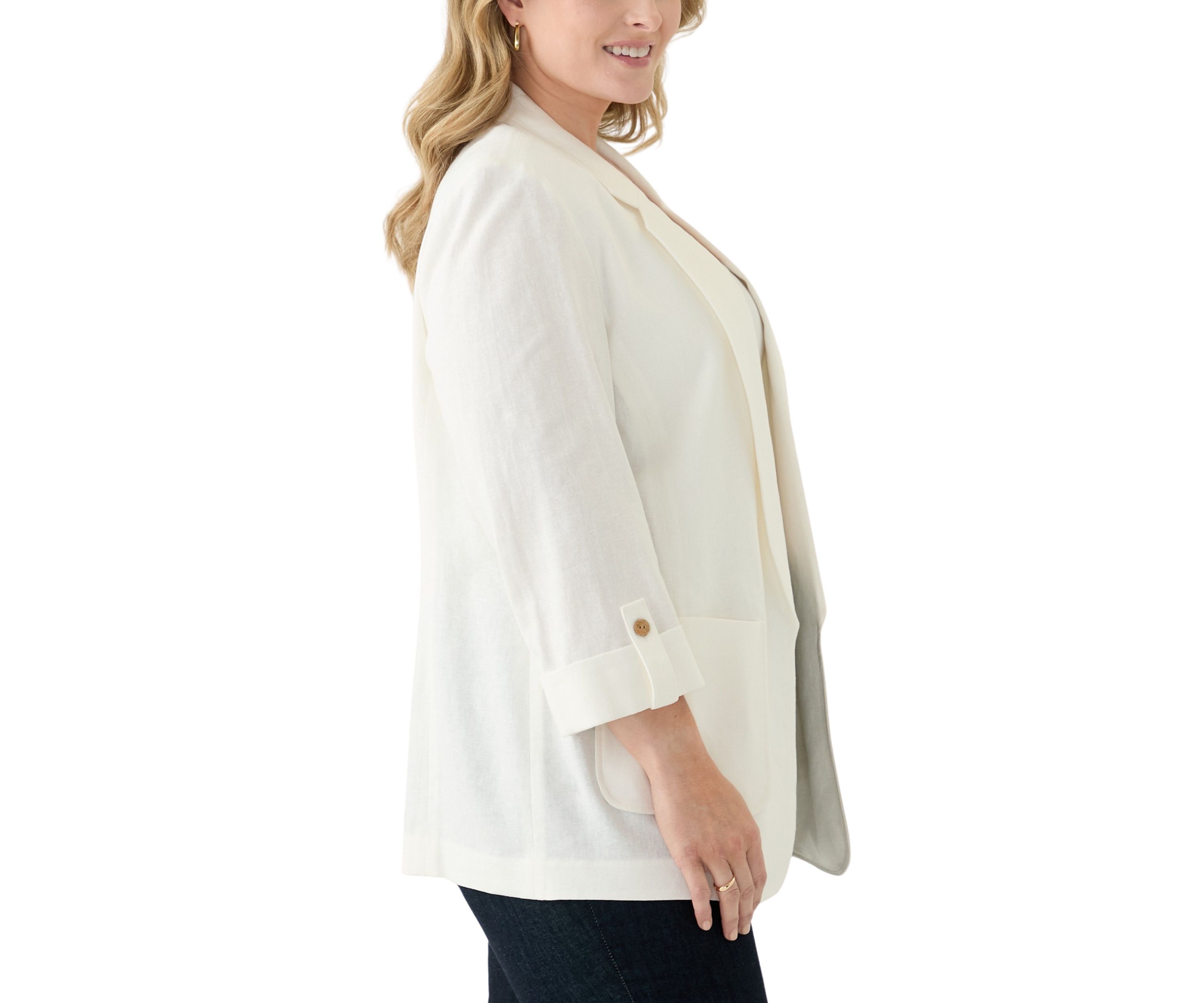 Plus Size Linen Patch Pocket Jacket with Roll Tab Sleeves 
