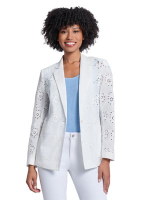 JONES NEW YORK Women's Floral Eyelet One Button Notch Collar with with Welt Pockets, White, 2