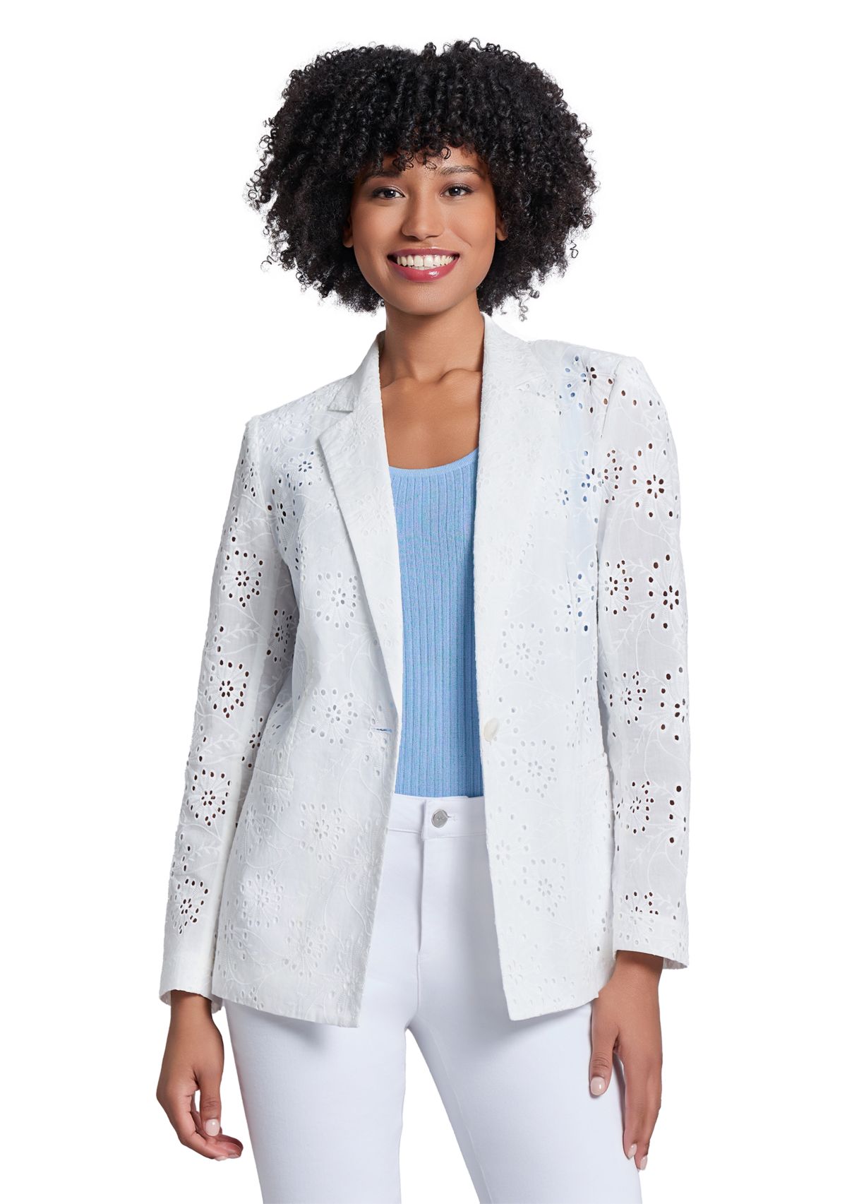 Womens Floral Eyelet One Button Notch Collar with with Welt Pockets