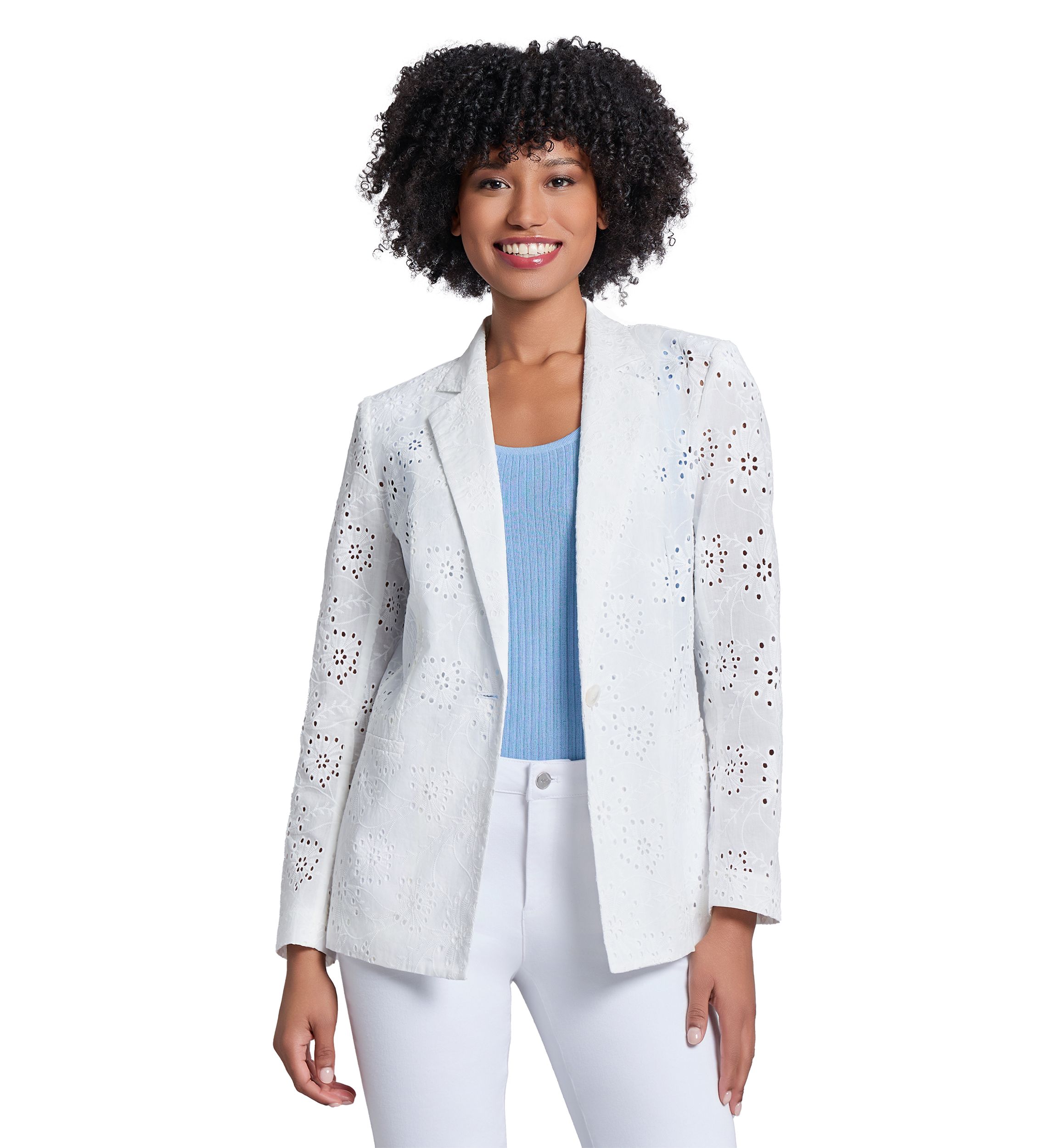 Womens Floral Eyelet One Button Notch Collar with with Welt Pockets